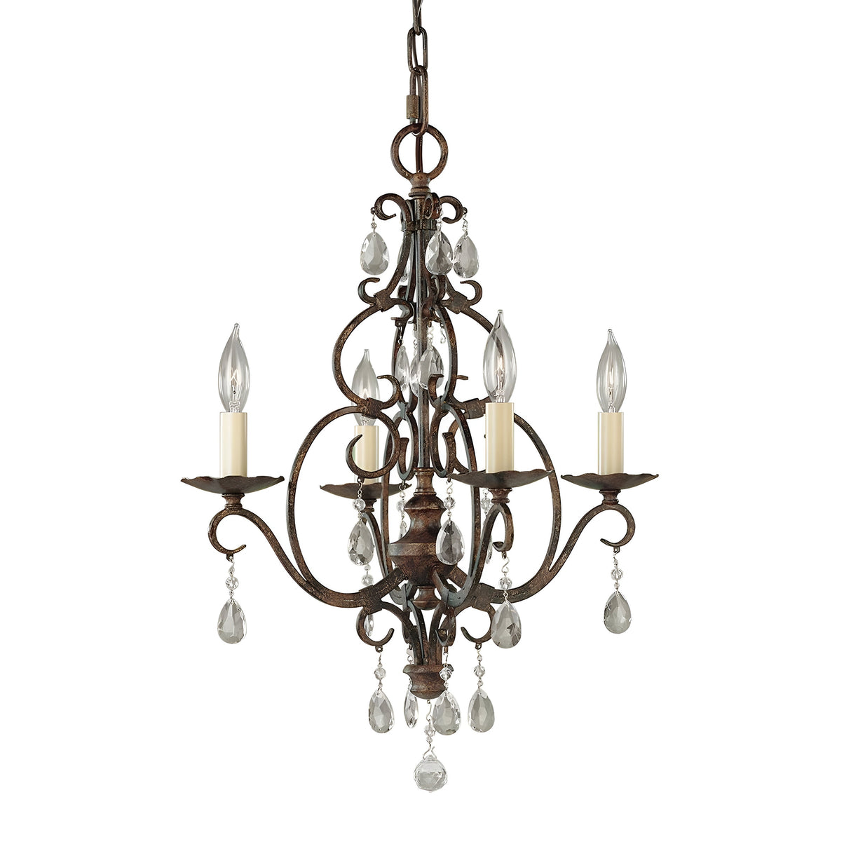 The Chateau 4 Light Chandelier in mocha bronze exudes a vintage style with its ornate design. It boasts four candle-shaped lights and showcases intricate metalwork with an antique finish, embellished with crystal accents and teardrop-shaped pendants.