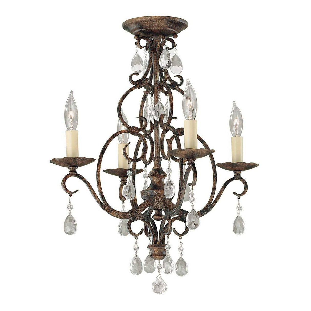 Introducing the Chateau 4 Light Chandelier in Mocha Bronze, this stunning piece features three candle-style lights with flame-shaped bulbs, adorned with elegant crystal accents. The intricate scrollwork complements its classic and sophisticated design.