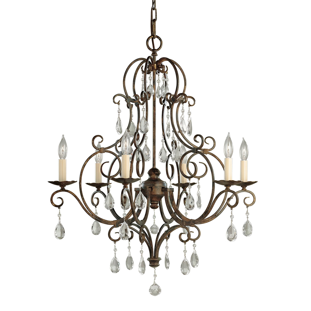 Introducing the Chateau 6 Light Chandelier - Mocha Bronze, a vintage-style masterpiece featuring ornate metalwork and six candle-shaped lights. Elegantly adorned with crystal accents, it showcases numerous droplets cascading from the frame.