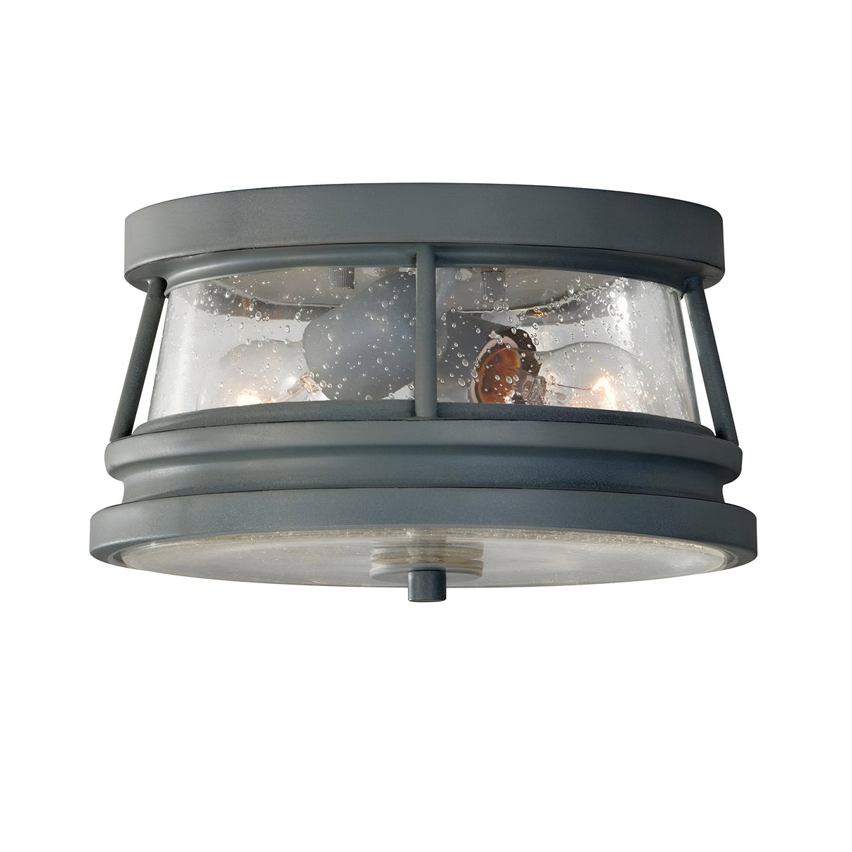 The Chelsea Harbor 2 Light Outdoor Flush Light in Storm Cloud features a round, industrial design with a metal frame and clear, slightly speckled glass panels. Its dark gray finish enhances its coastal style, making it an excellent choice for outdoor flush light settings with two bulbs to illuminate your space.