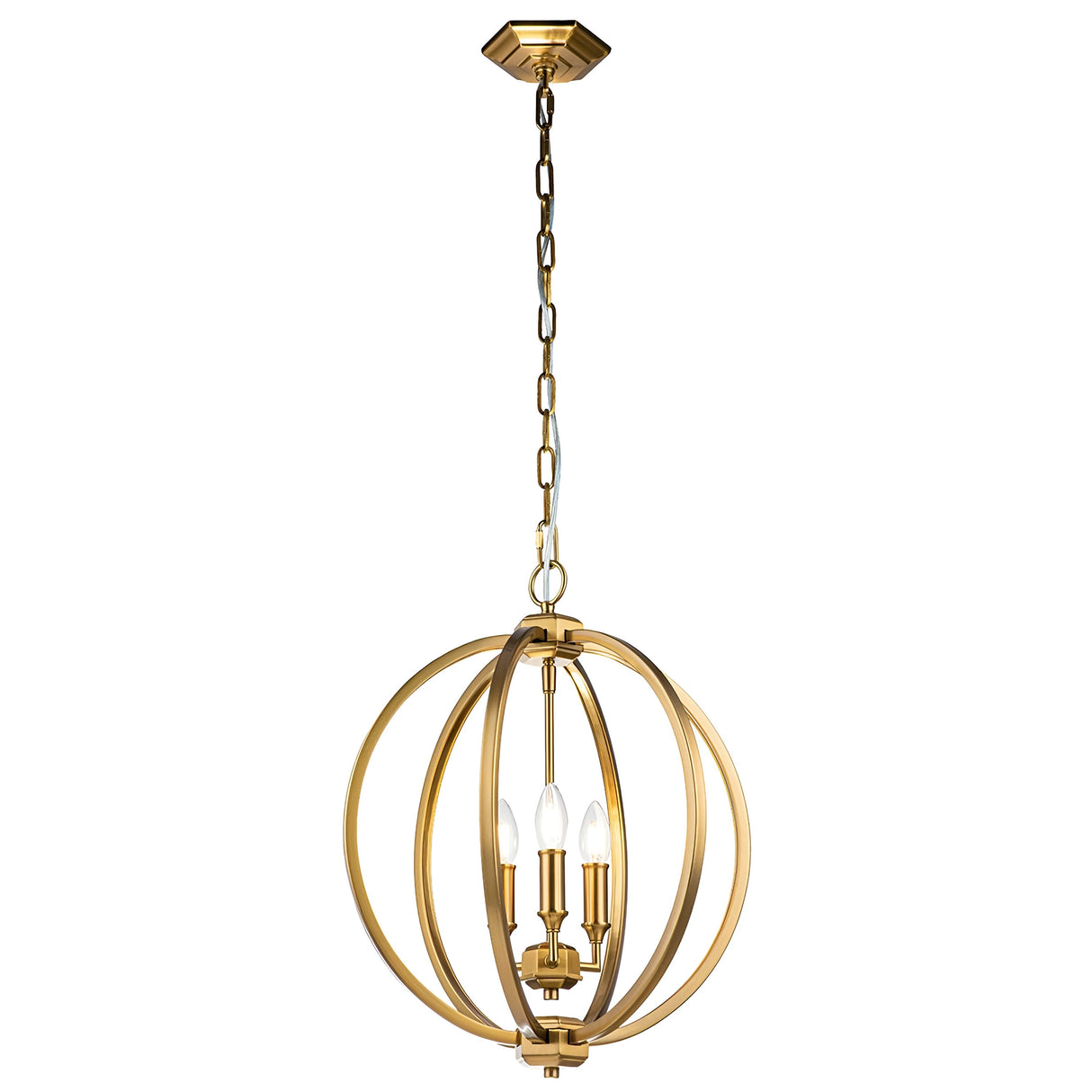 The Corinne 3 Light Medium Chandelier in Burnished Brass, featuring a spherical design with several curved metal bands encircling three candle-shaped bulbs, exudes a mid-century aesthetic. It hangs gracefully from a gold chain linked to a hexagonal ceiling mount, and its burnished brass finish imparts timeless elegance to any space.