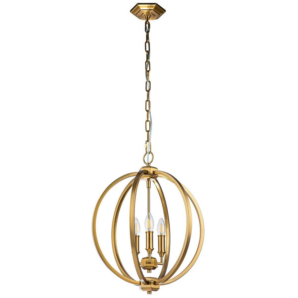 The Corinne 3 Light Medium Chandelier in burnished brass features a geometric design, with three candle-style light bulbs encased in circular metal rings that hang from a chain. This fixture seamlessly combines mid-century elegance with modern aesthetics, making it a striking focal point in any room.