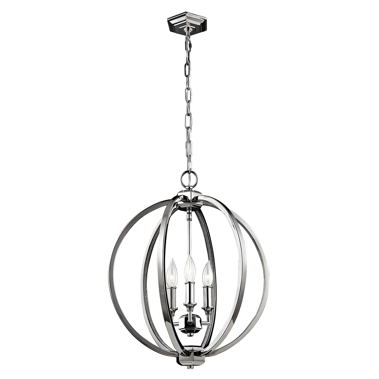 The Corinne 3 Light Medium Chandelier boasts a sleek polished nickel finish and an open spherical frame design that exudes minimalist elegance. Within its center, three candle-like light fixtures are gracefully suspended from a chain.