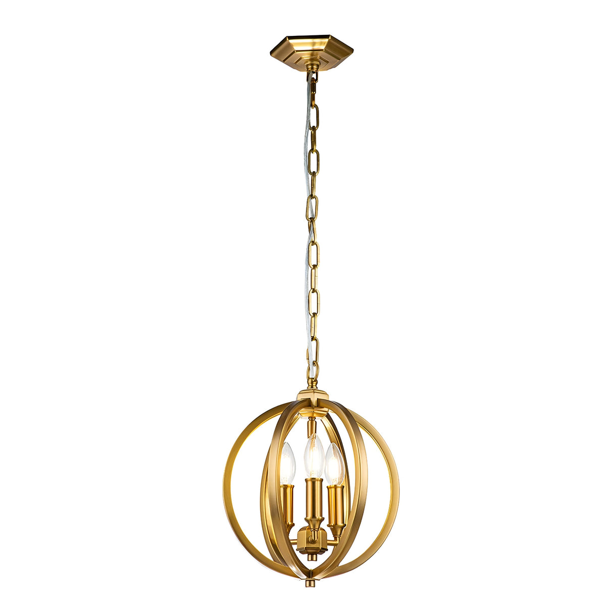 The Corinne 3 Light Small Chandelier in Burnished Brass features an elegant spherical open orb design with three candle-style bulbs. It hangs gracefully from a matching gold chain and ceiling mount, providing a modern and sophisticated glow.