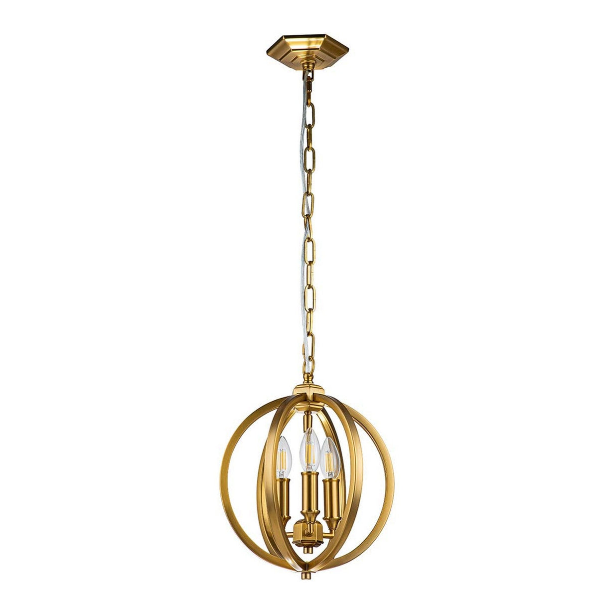 The Corinne 3 Light Small Chandelier in burnished brass showcases a sleek spherical frame, housing three candle-shaped bulbs. This elegant lighting fixture hangs gracefully from a chain, seamlessly blending classic and contemporary design elements.