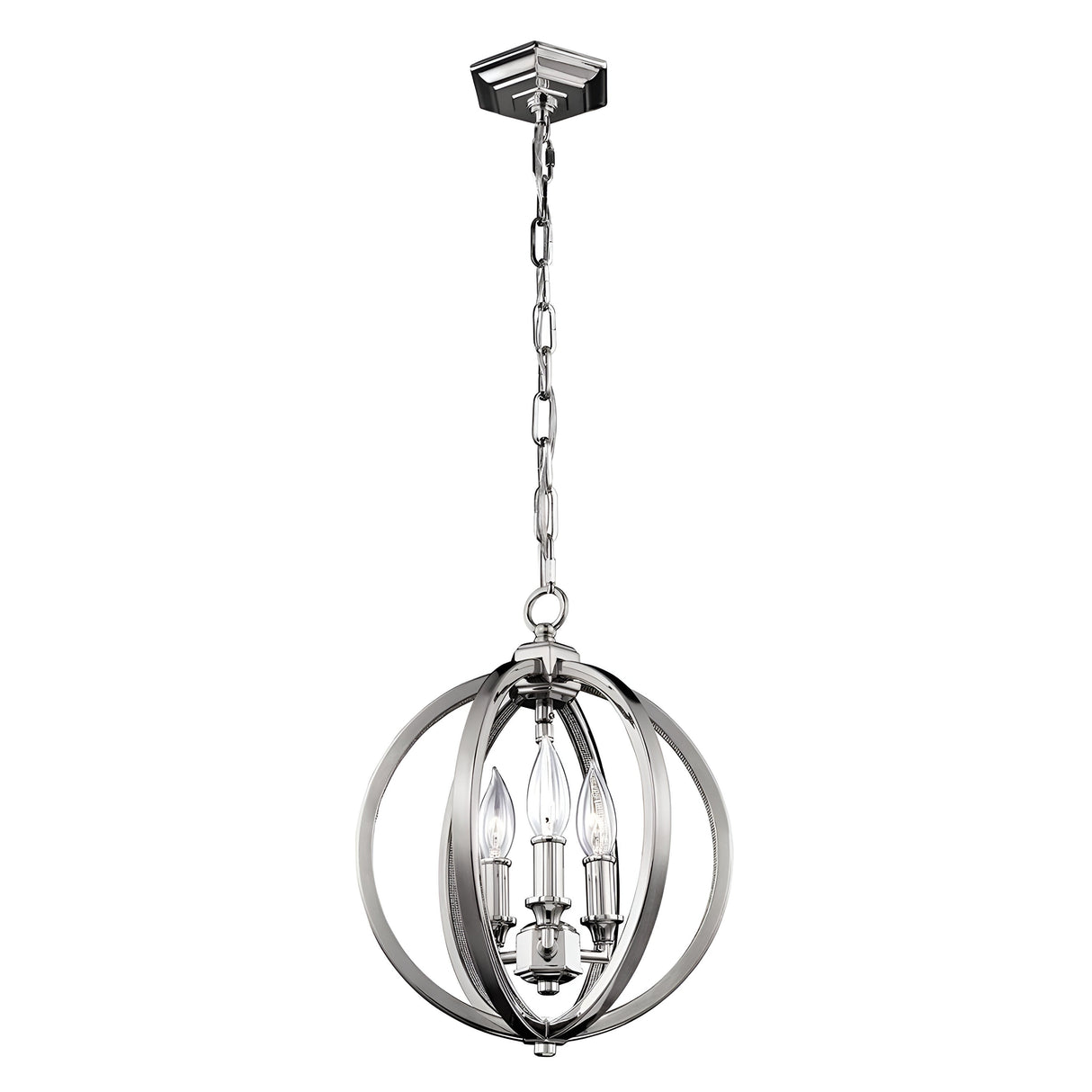 Introducing the Corinne 3 Light Small Chandelier in polished nickel, featuring a contemporary spherical open-frame design. This elegant chandelier includes three candle-like bulb holders gracefully suspended inside, complemented by an attached chain and mounting fixture.