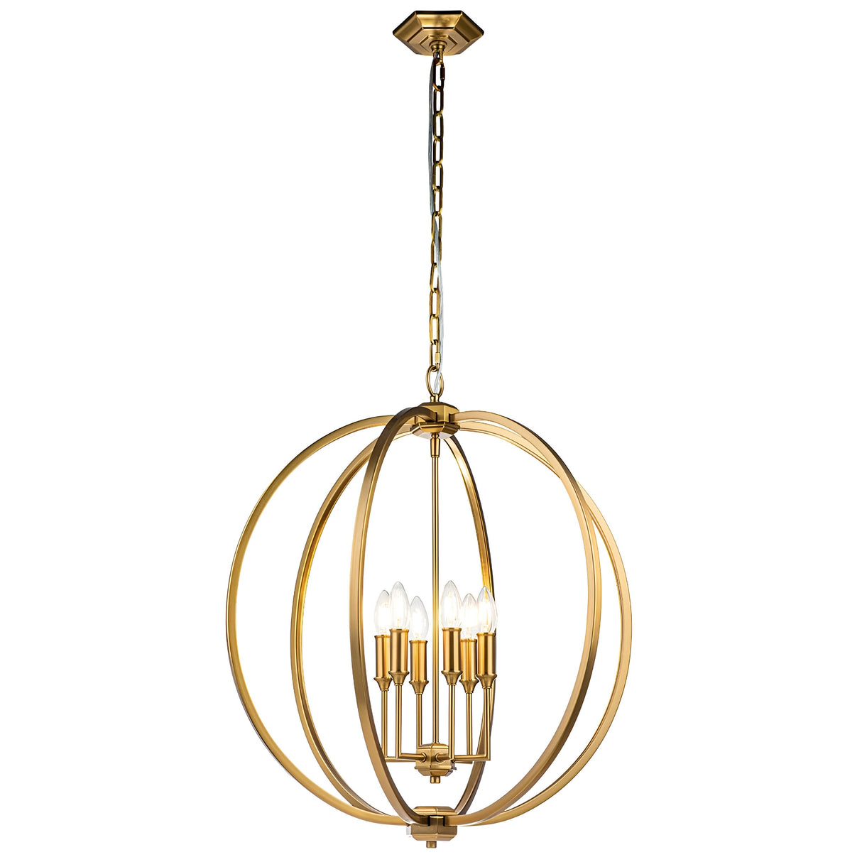 The Corinne 6 Light Chandelier in burnished brass showcases a spherical frame adorned with six candle-like bulbs hanging from a chain. Its design incorporates intersecting metal bands, forming an open orb silhouette that adds an elegant touch to contemporary interiors.