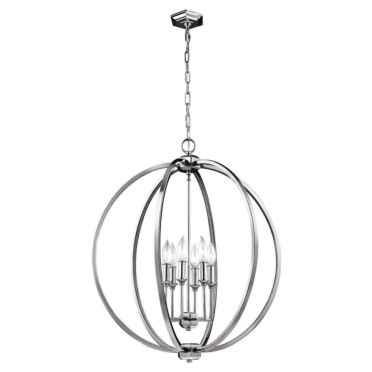 The Corinne 6 Light Chandelier in Polished Nickel showcases modern elegance with its spherical metal frame and six candle-style lights. It hangs gracefully from a chain, effortlessly blending contemporary and classic elements.