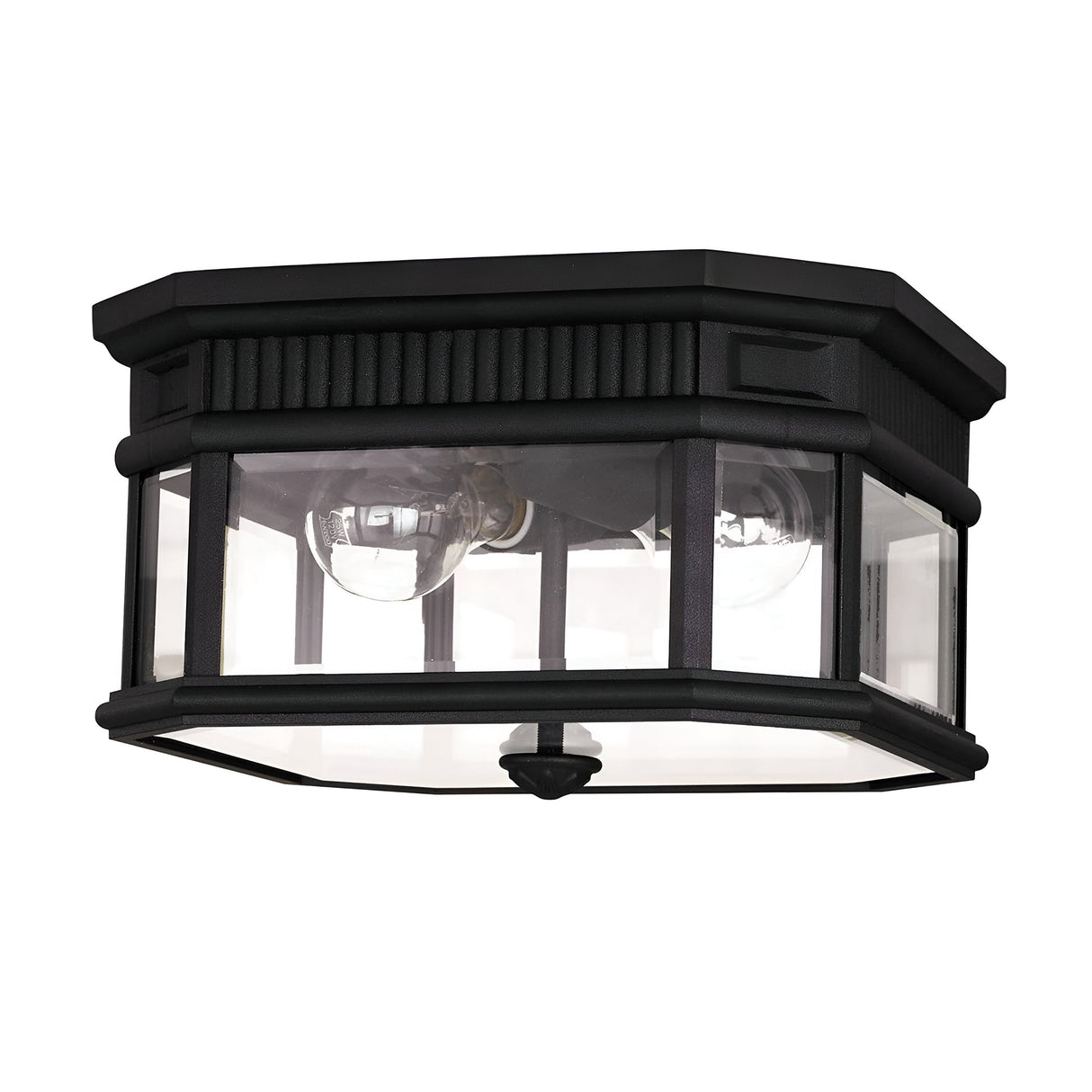 The Cotswold Lane 2 Light Outdoor Flush in black features a hexagonal design with bevelled glass panes, showcasing two visible bulbs inside. This classic lantern-style fixture is perfect for illuminating porches or entryways.