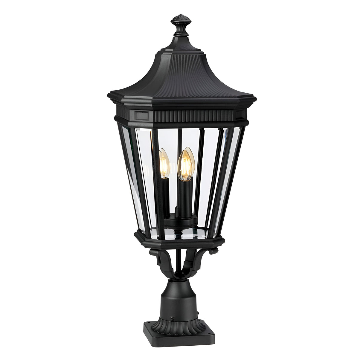 The Cotswold Lane 3 Light Outdoor Large Pedestal in black boasts a traditional lantern design with clear glass panes and accommodates two candle-shaped bulbs. Its decorative base and tiered top make this clear glass light fixture perfect for enhancing any outdoor space.