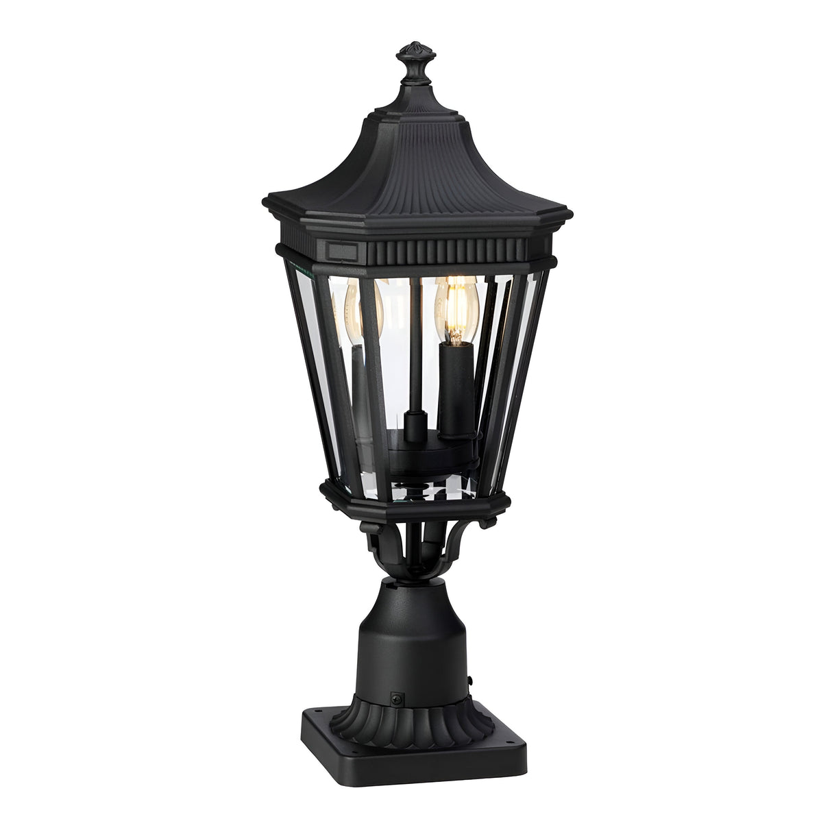 The Cotswold Lane 2 Light Outdoor Medium Light - Black is reminiscent of antique gas lanterns, featuring bevelled glass panes with a square base and pointed top. It elegantly houses two light bulbs inside, casting a warm glow.