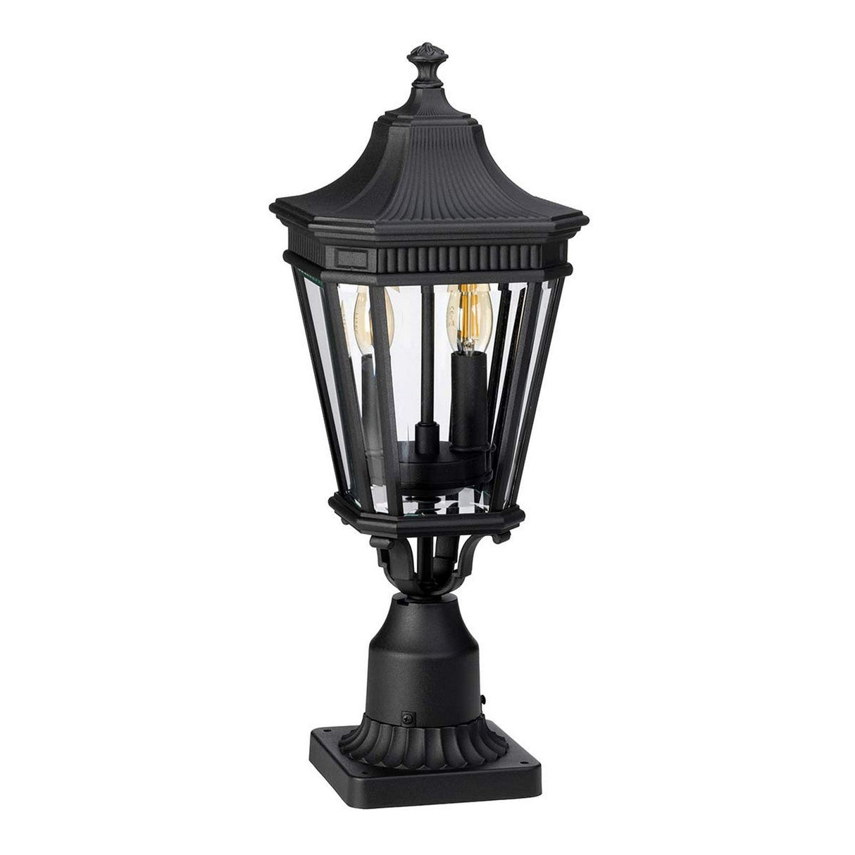 The Cotswold Lane 2 Light Outdoor Medium Light - Black is a vintage-style lantern featuring a square base and bevelled glass panes, showcasing two visible light bulbs inside. Its ornate, fluted design echoes the charm of antique gas lanterns, adding a touch of elegance to any space.