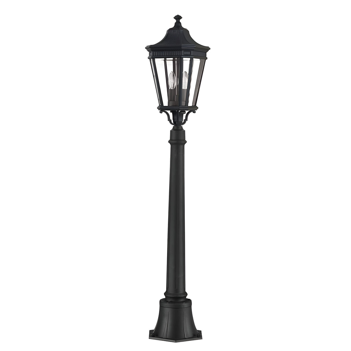 The Cotswold Lane 2 Light Outdoor Medium Pillar in Black is a vintage-style fixture that closely resembles an antique gas lantern. It features a decorative top and transparent glass panes, housing two light bulbs inside. With its sturdy, square-shaped base, it offers an elegant and classic addition to garden borders.