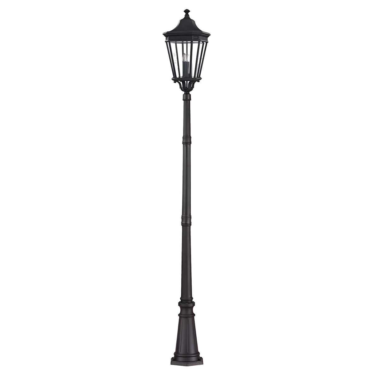 The Cotswold Lane 3 Light Large Post - Black is a tall, vintage-style street lamp featuring an ornate lantern top and a slender pole. This large post light offers a classic design, making it perfect for outdoor lighting in parks and streets while adding both charm and illumination.