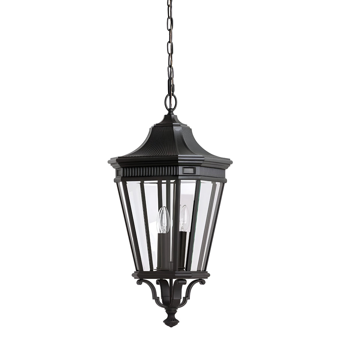 The Cotswold Lane 3 Light Outdoor Large Chain Pendant - Black exudes vintage charm with its traditional design, featuring clear glass panels and three candle-style light bulbs. Suspended by a black chain, it is perfect for outdoor lighting on your porch.