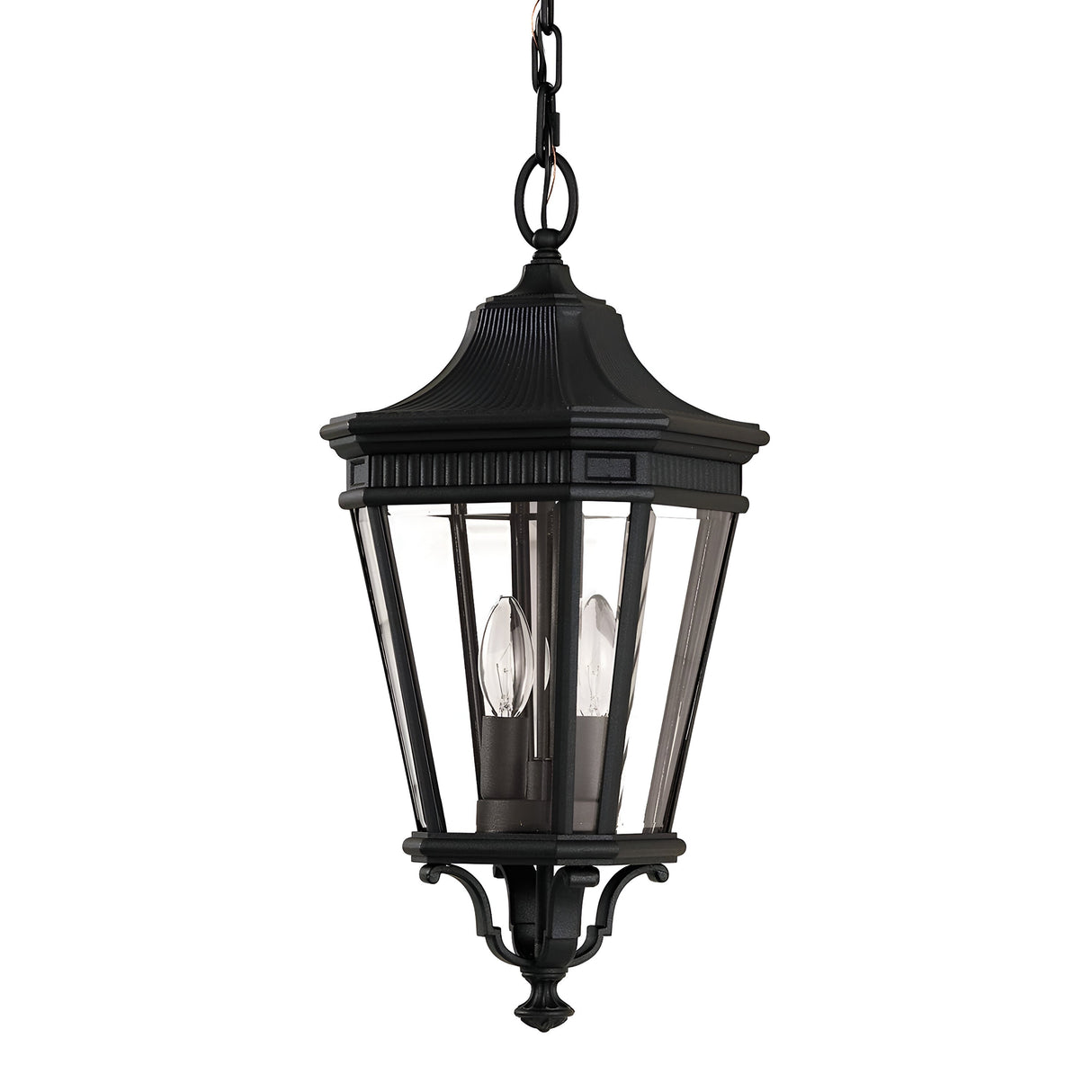 Introducing the Cotswold Lane 2 Light Outdoor Medium Chain Pendant in black, showcasing a classic design with clear glass panels and two candle-like bulbs. This elegant lantern is gracefully suspended by a decorative black chain.