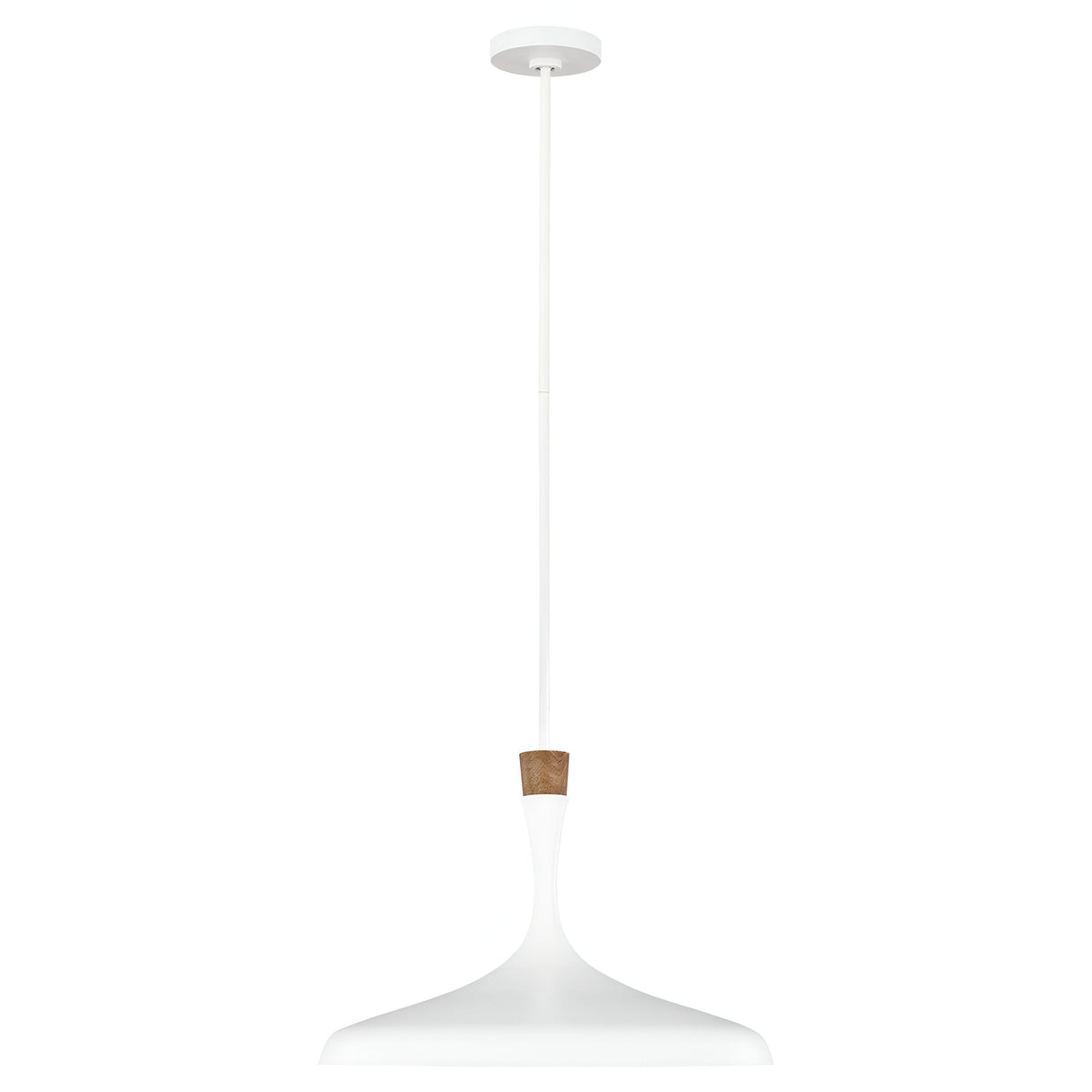 The Darwin 1 Light Pendant - Matte White is a contemporary fixture featuring a streamlined, cone-shaped shade. It incorporates urban styling with a wooden accent near the top and is suspended from a slender, white rod attached to the ceiling, offering an adjustable height for personalized lighting.