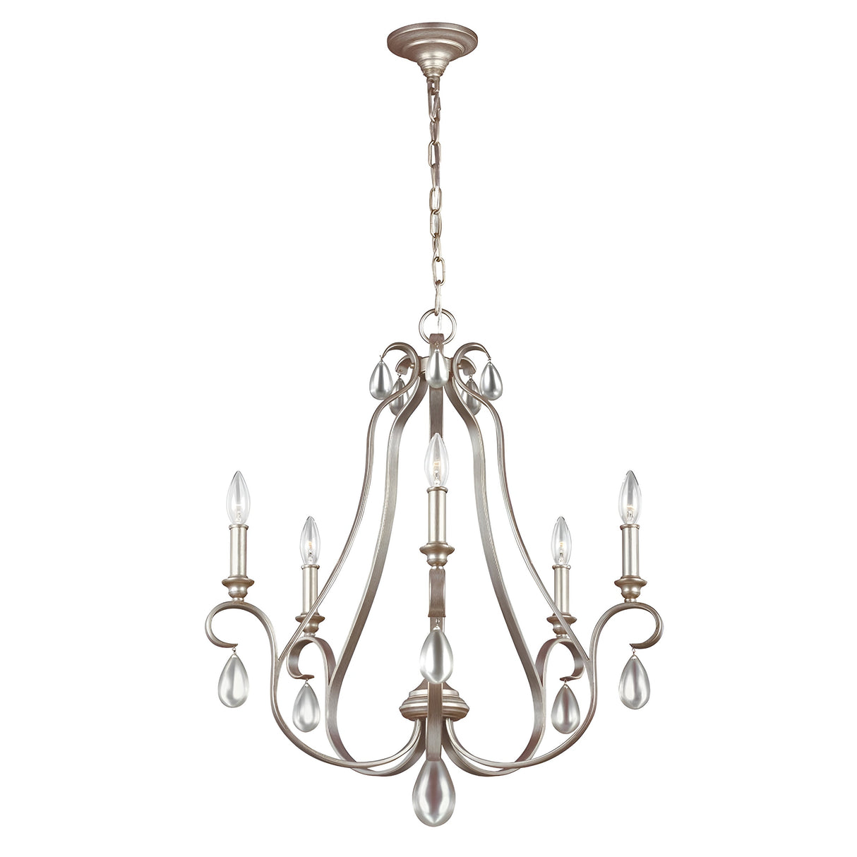 The DeWitt 5 Light Chandelier in Silver presents an elegant French Provincial design with five candle-shaped lights. It showcases gracefully curved metal arms adorned with teardrop crystals and is suspended from a chain, offering a classic and sophisticated style.