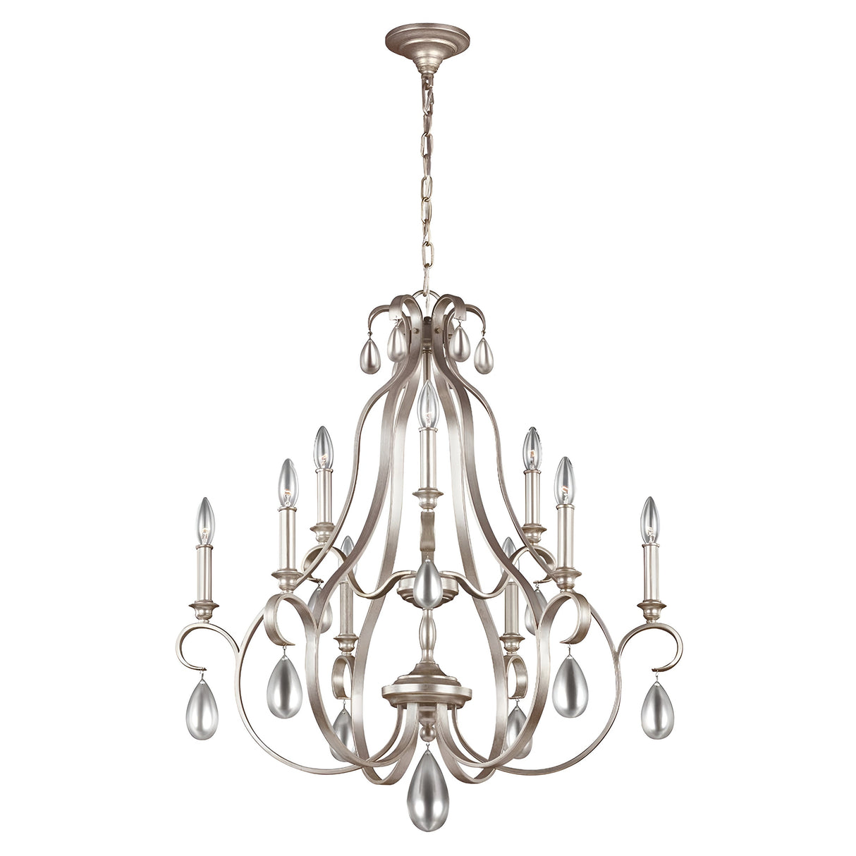 Introducing the DeWitt 9 Light Chandelier - Silver: This elegant piece showcases eight upward-curving arms, each adorned with a candle-shaped bulb. The chandelier's French Provincial design is complemented by hanging teardrop crystals, adding a sophisticated and classic touch.