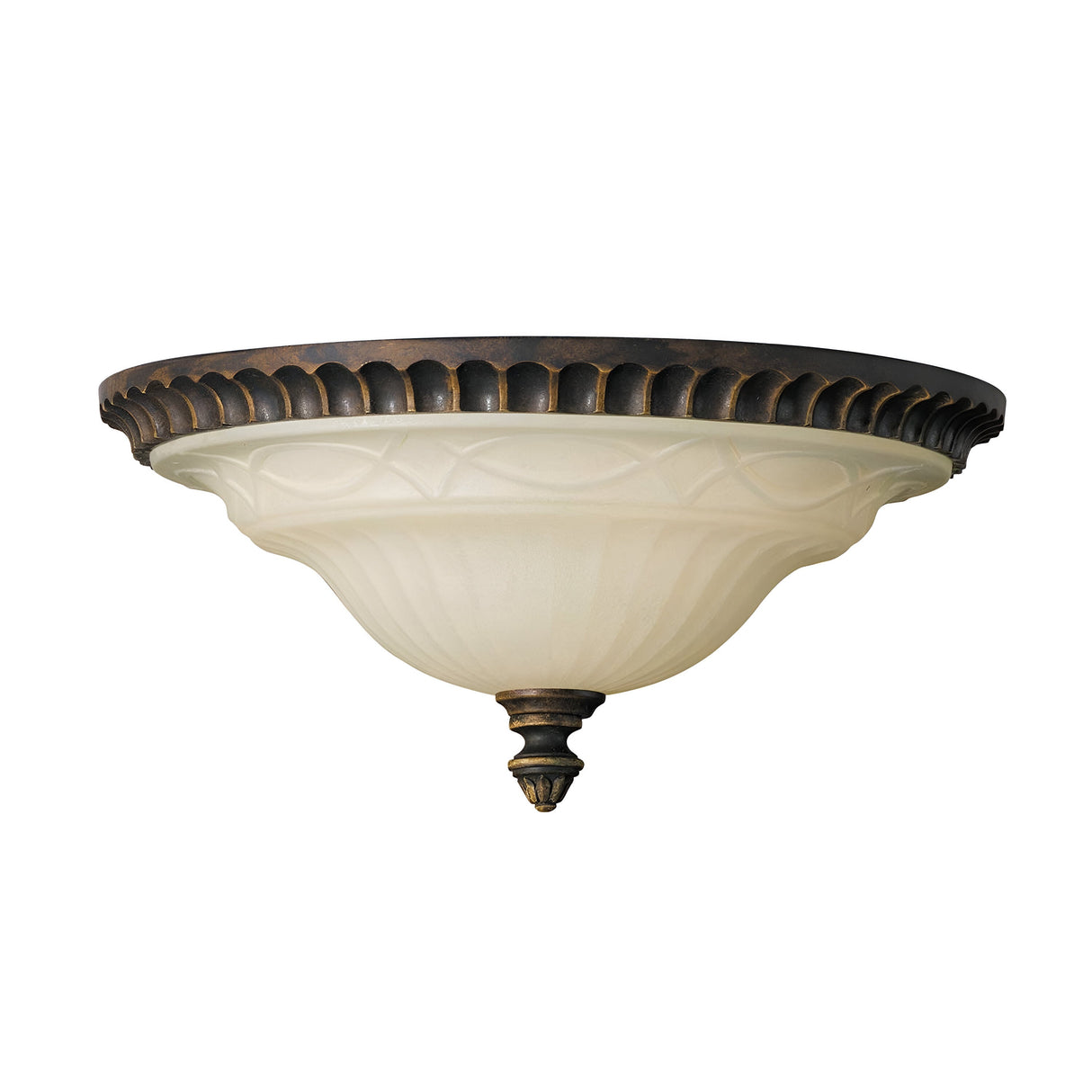 Introducing the Drawing-1 Room 2 Light Flush in a sleek walnut finish. This ceiling light fixture features a circular base and an ornate glass shade with decorative patterns. Its Edwardian design is completed with a small decorative finial at the bottom, adding timeless elegance to any room.