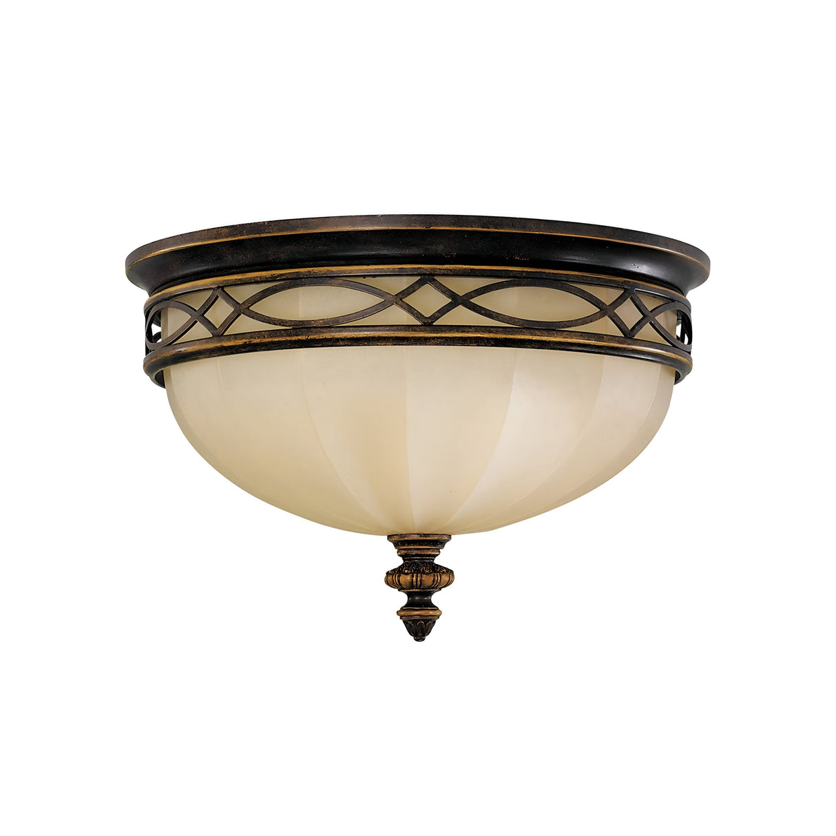 The Drawing Room 3 Light Flush - Walnut is a decorative ceiling light fixture boasting an off-white glass dome with intricate bronze detailing, a crisscross pattern, and a pointed finial at the center, ideal for infusing your drawing room with Edwardian design charm.
