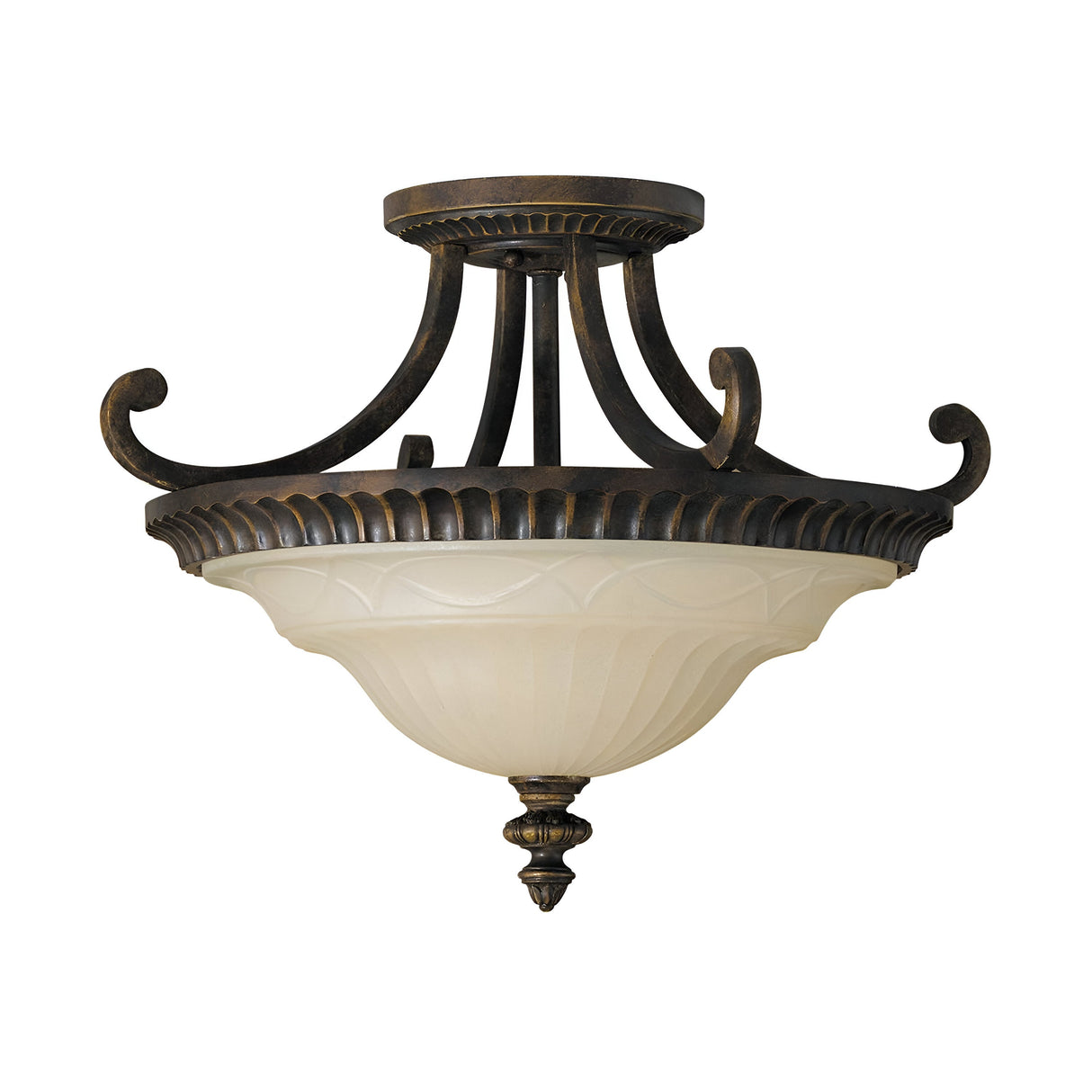 The Drawing-2 Room 2 Light Semi Flush - Walnut is a decorative light fixture with an elegant bronze finish and ornate scrollwork. It showcases an inverted, frosted glass bowl that diffuses light beautifully. The fixture is detailed with sophisticated curved metal accents that echo Edwardian design, positioned close to the ceiling for a refined look.
