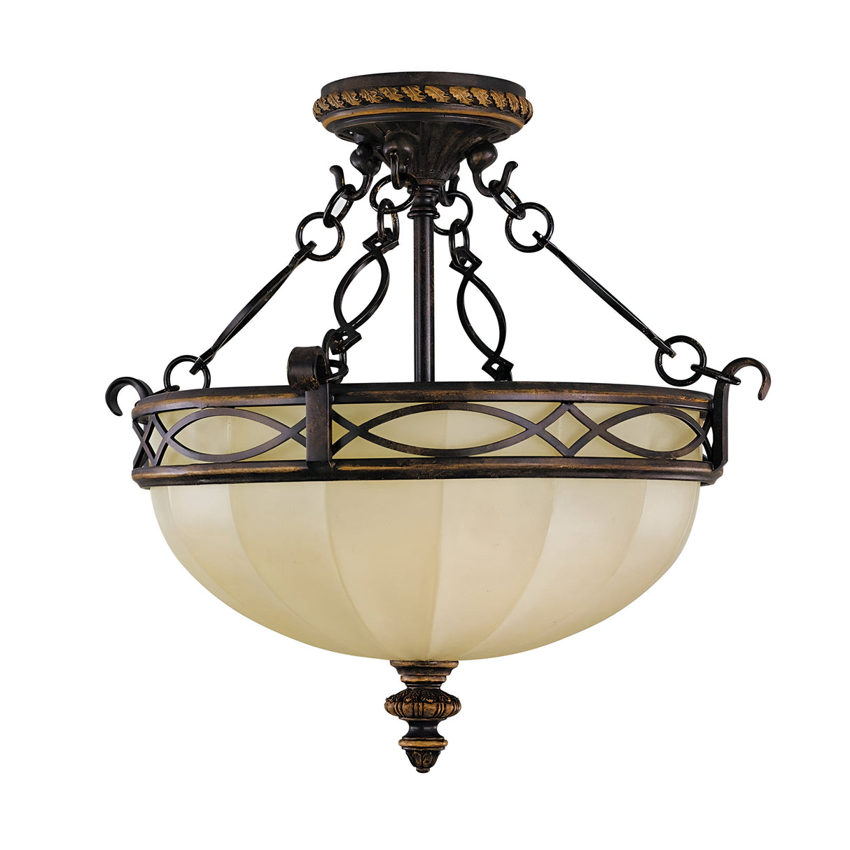 The Drawing-3 Room 2 Light Semi Flush - Walnut is a semi-flush light that exudes Edwardian elegance with its decorative ceiling design. It features an ornate iron frame in a walnut tone paired with a frosted glass shade. The metal frame is adorned with intricate patterns and chains, and it includes a finial at the bottom to enhance its vintage charm.