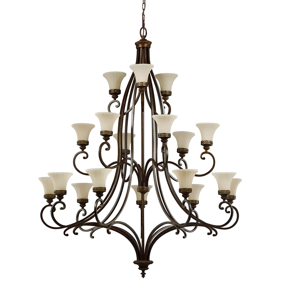 The Drawing 18 Light Chandelier - Walnut features a sophisticated Edwardian design with multiple curved metal arms arranged in a symmetrical, tiered fashion. Each arm supports an upward-facing frosted glass shade, and the chandelier is suspended by a chain from the central point. The refined walnut finish enhances its timeless allure.