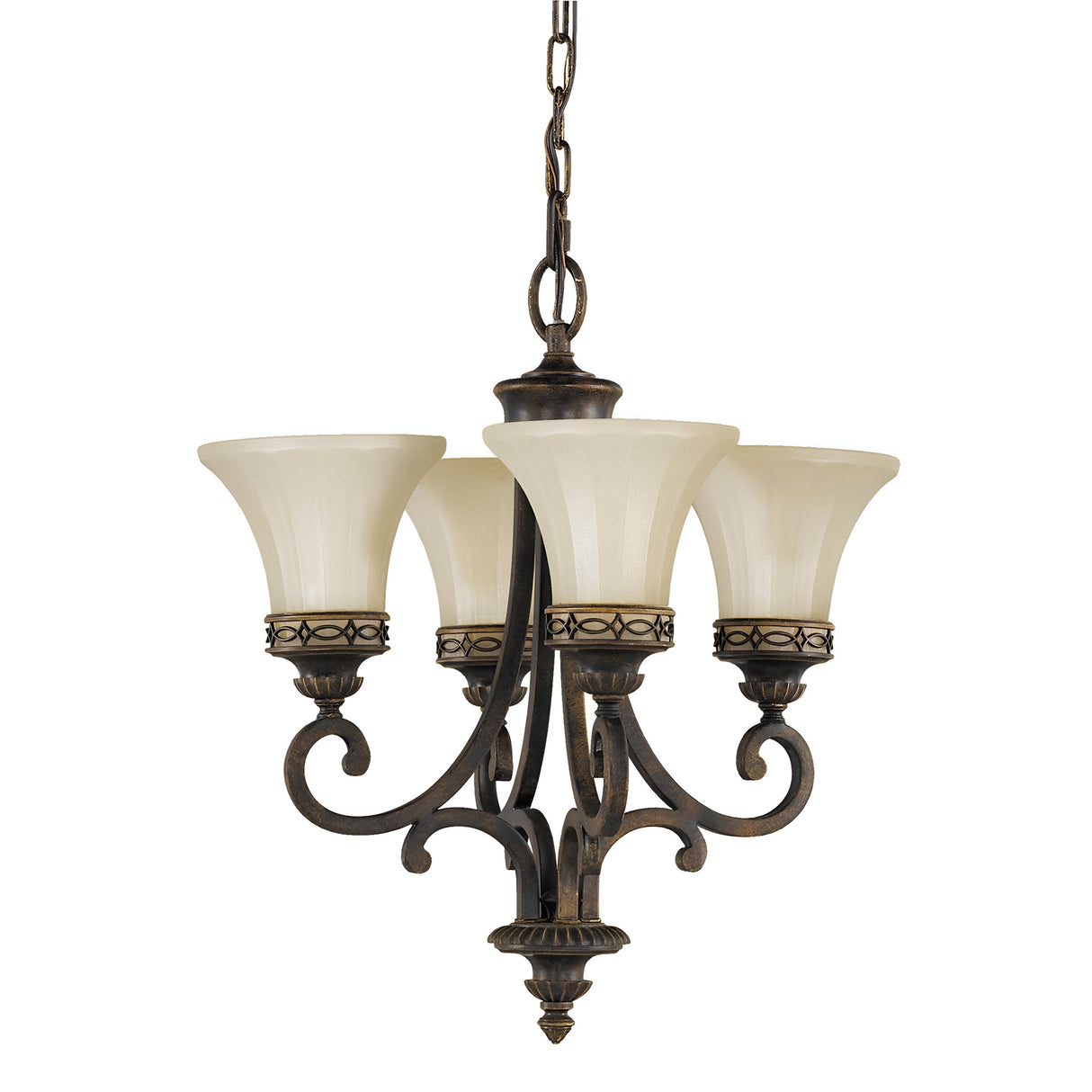 Introducing the Drawing 4 Light Chandelier - Walnut: a vintage-inspired piece with four elegantly upward-facing frosted glass lamp shades and intricately designed metal arms in a rich dark bronze finish, reminiscent of Edwardian tradition, all beautifully suspended by a chain.