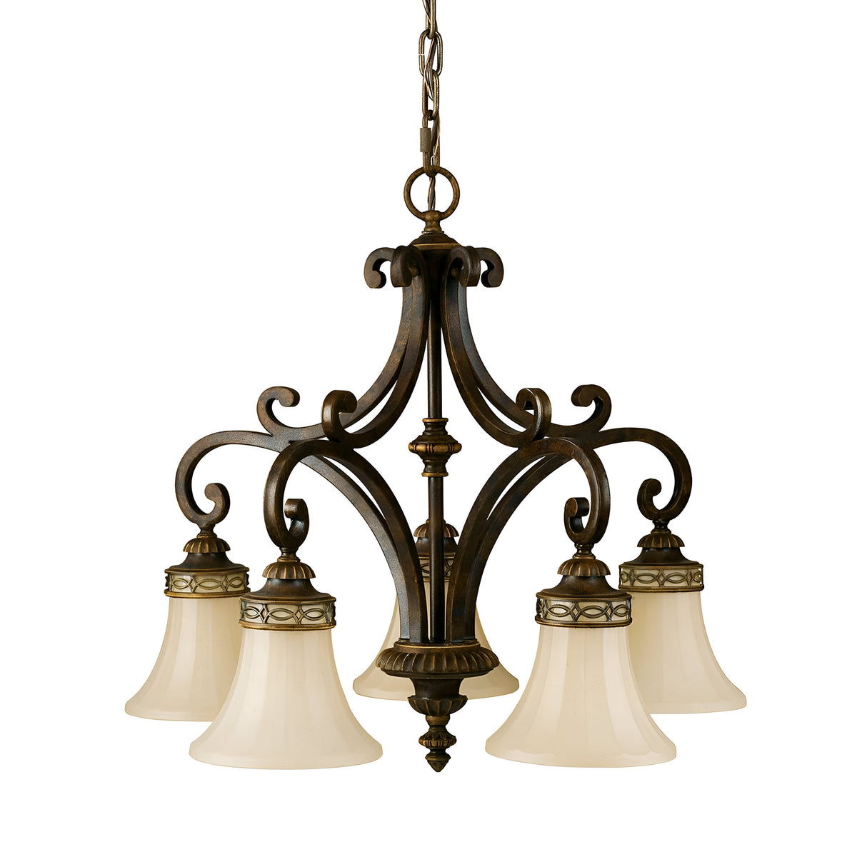 The Drawing Room 5 Light Chandelier - Walnut beautifully embodies vintage appeal with its ornate design, featuring five downward-facing frosted glass lampshades. It boasts intricate scrollwork and a central decorative finial, reminiscent of Edwardian charm, all gracefully suspended by a chain.