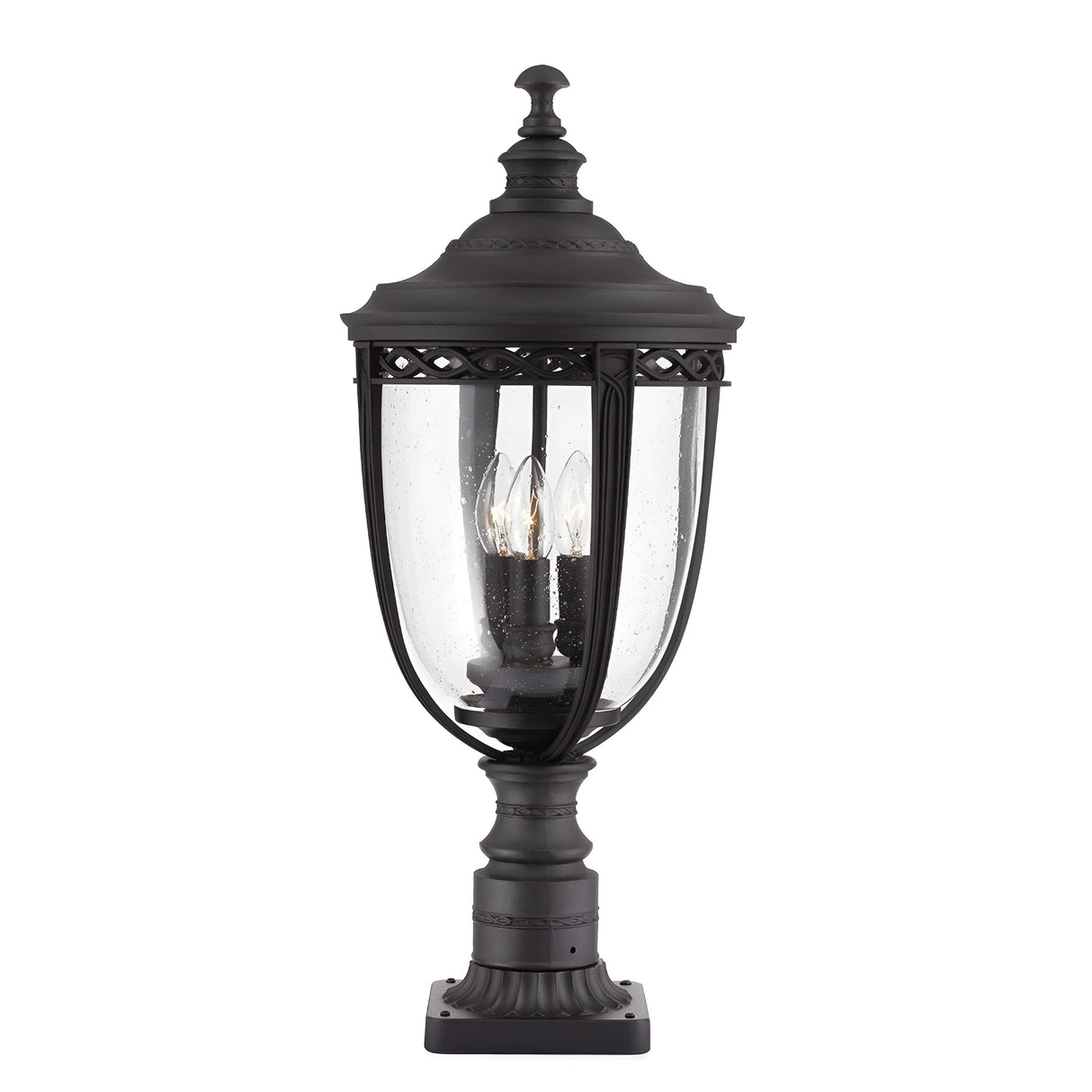 The English Bridle 3 Light Outdoor Large Pedestal in black is a tall and elegant lantern with a decorative top and bottom, featuring clear glass panels and three candle-style bulbs inside, all mounted on a sleek square base—perfect as an outdoor lighting pedestal light.