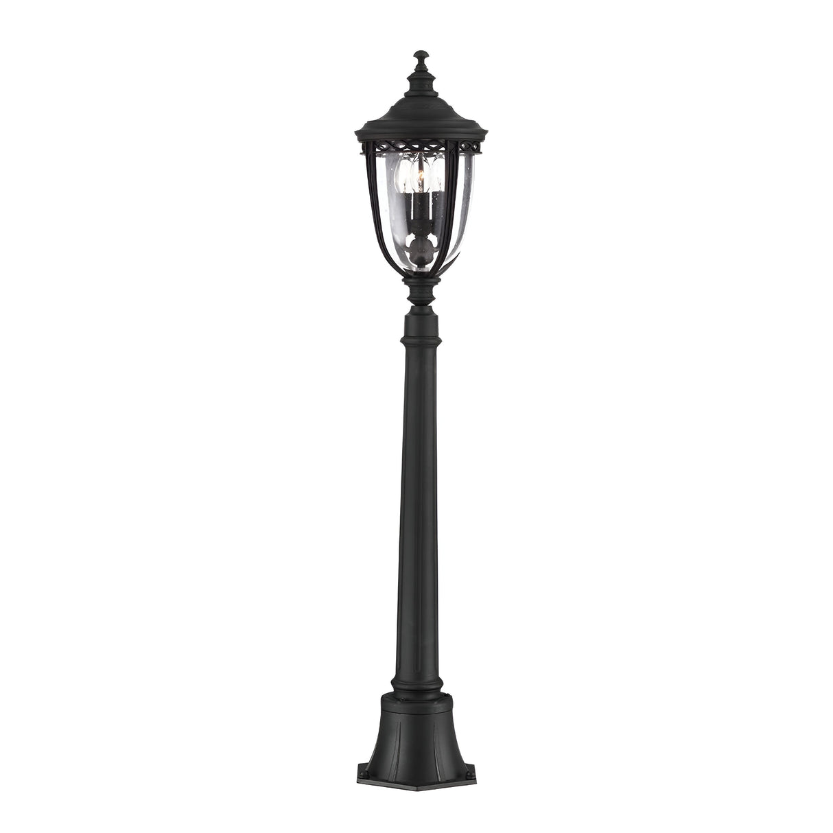 The English Bridle 3 Light Outdoor Medium Pillar in black features a classic street lamp design with a lantern-style top and clear seeded glass panels. It has multiple bulbs inside, a decorative base, and a smooth, elegant aesthetic reminiscent of traditional English bridle lanterns, perfect for outdoor lighting.