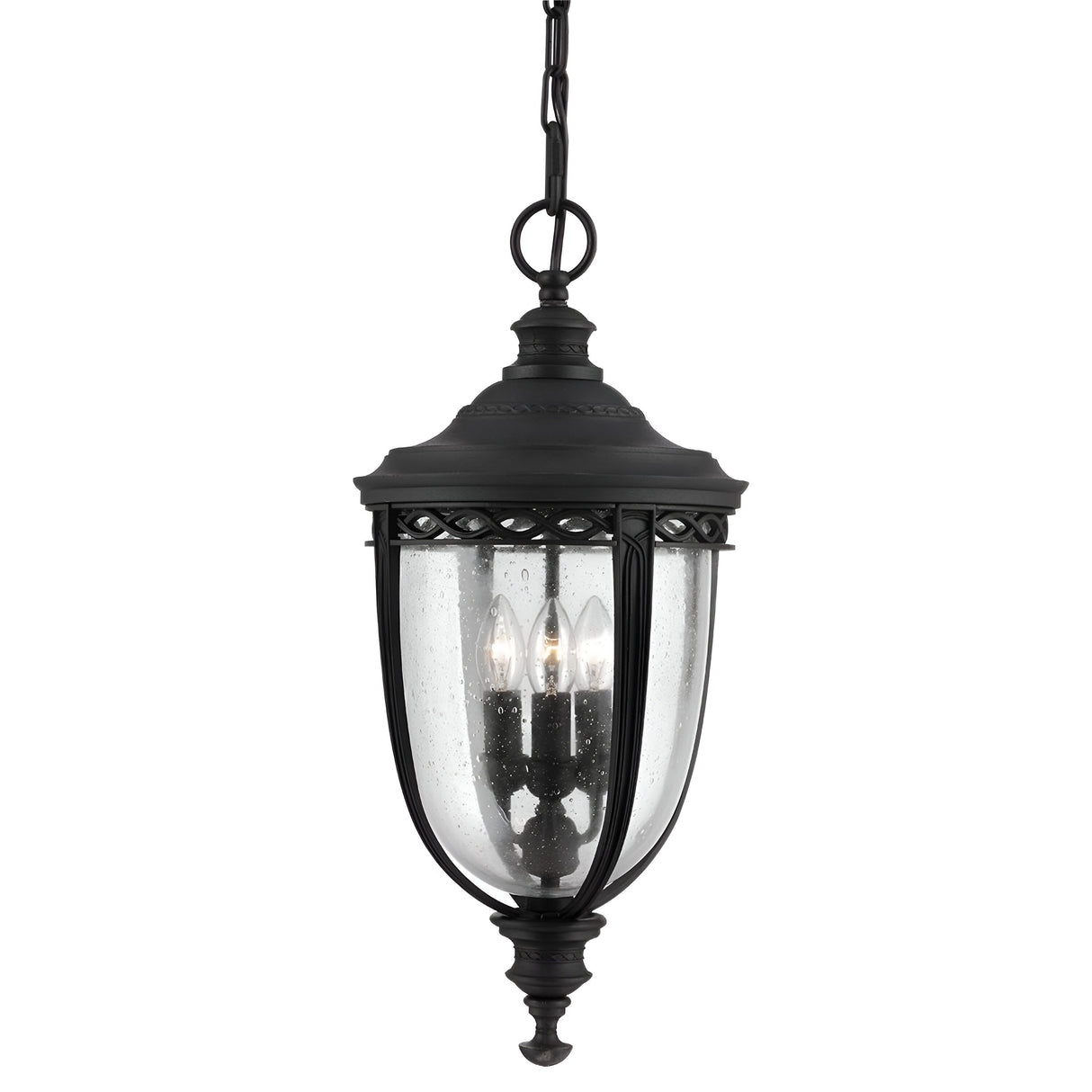 The English Bridle 3 Light Outdoor Large Chain Lantern in black showcases a classic design, suspended from a chain to provide sophisticated outdoor lighting. It includes three candle-style lights within a clear seeded glass casing, complete with a decorative top and finial.