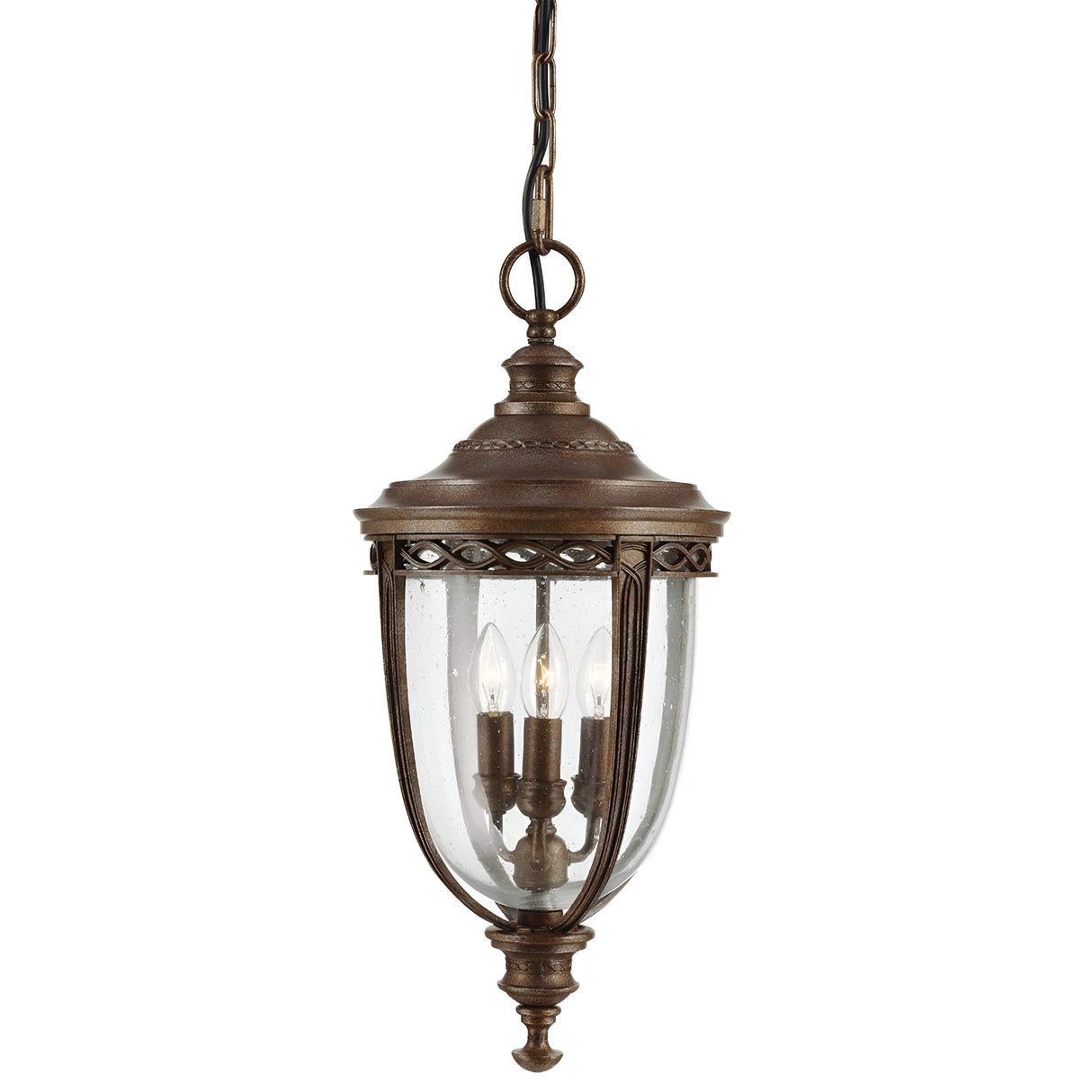 The English Bridle 3 Light Outdoor Large Chain Lantern boasts a British bronze finish, complete with a glass enclosure and three candle-shaped bulbs. Its elegant chain suspension highlights intricate details reminiscent of an English bridle lantern, making it ideal for both indoor and outdoor settings.