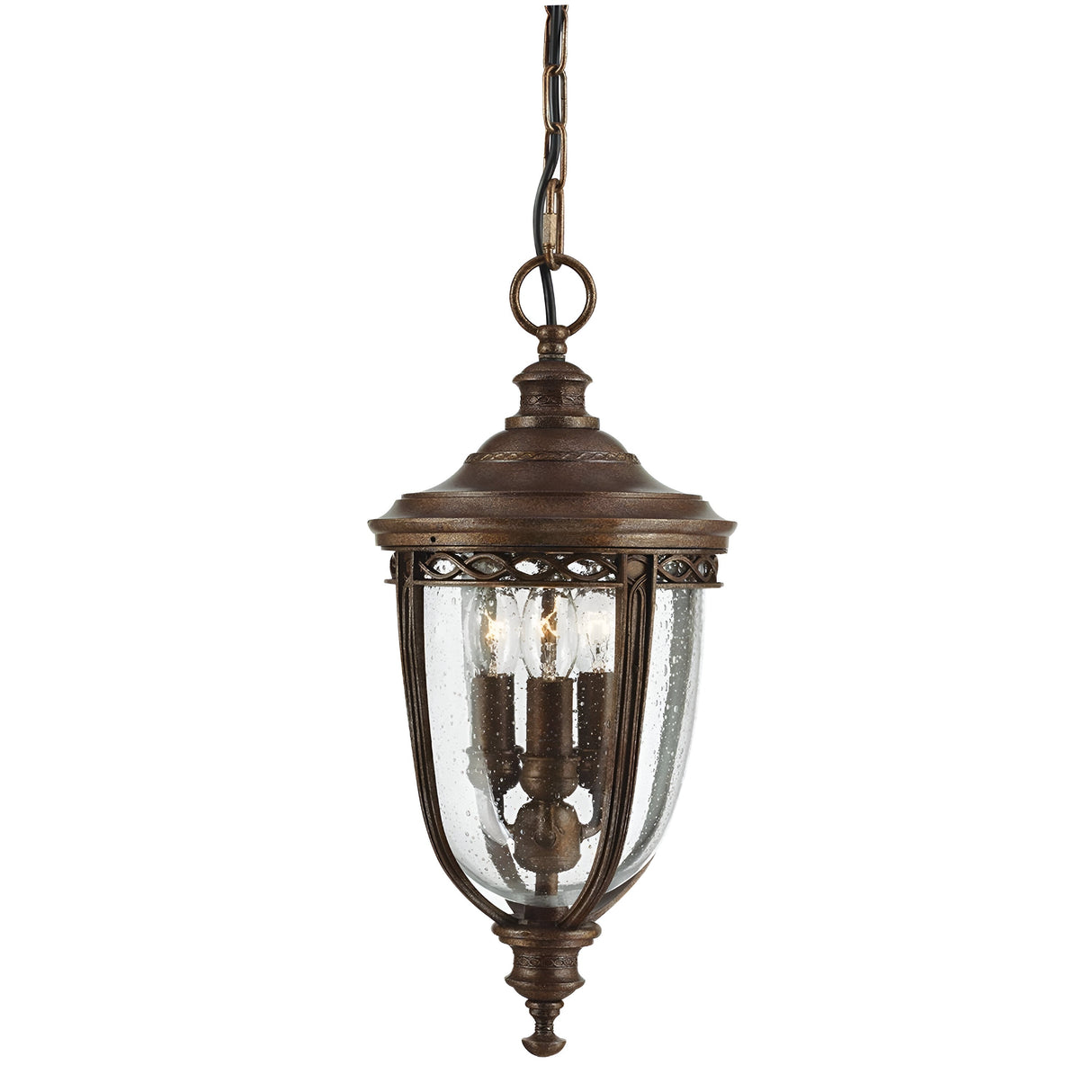 Introducing the English Bridle 3 Light Outdoor Medium Chain Lantern - Bronze, featuring a vintage design with a bronze finish, clear glass panels, and three candle-like bulbs inside. Suspended elegantly by a decorative chain, it infuses antique charm into any indoor or outdoor setting.