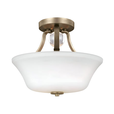 The Evington 2 Light Semi Flush - Gold is a semi-flush light fixture that showcases a smooth, white frosted glass shade encased in a bronze metal frame. This design elegantly combines traditional and contemporary elements, featuring a stylish sunset gold finish for an exquisite appearance.