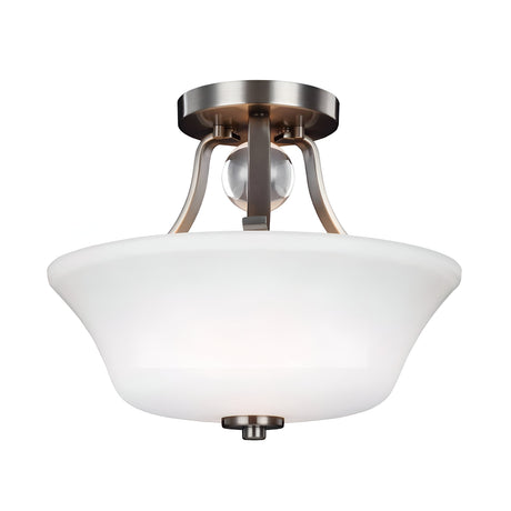 The Evington 2 Light Semi Flush in satin nickel finish is a contemporary ceiling light fixture featuring a blown opal etched glass shade. Its semi-flush design includes a central spherical accent above the shade, providing an elegant and modern appearance.
