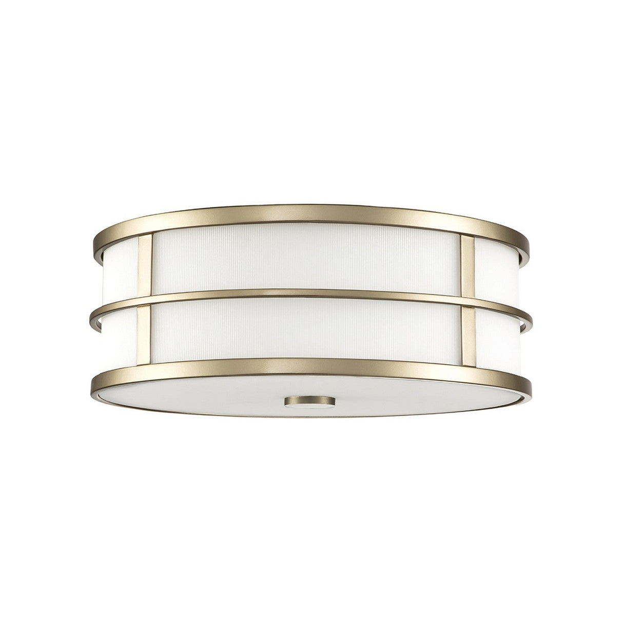 The Fusion 3 Light Flush in Painted Natural Brass is a contemporary circular light fixture adorned with ribbed glass shades and highlighted by two horizontal brass bands for an elegant finish.