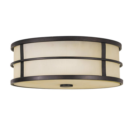 The Fusion 3 Light Flush in Grecian Bronze features a round, two-tiered ceiling design with frosted glass panels, making it perfect for creating an ambient atmosphere in an art deco style.