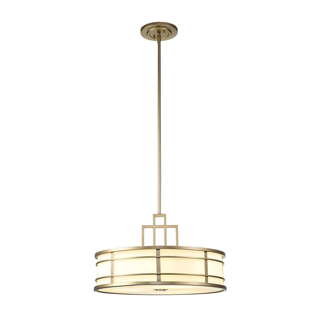 Introducing the Fusion 3 Light Large Chandelier, featuring a contemporary pendant design with a round, cream-colored shade and accents of painted natural brass, suspended from a ceiling mount by a straight rod.