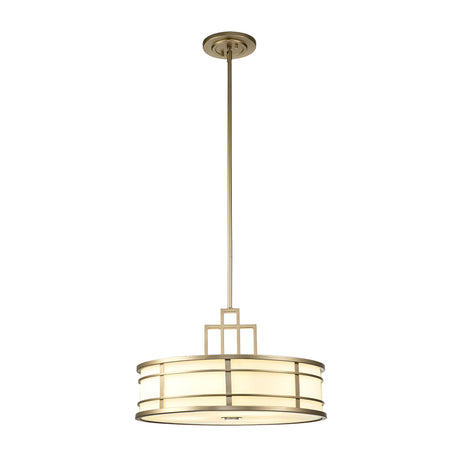 Introducing the Fusion 3 Light Large Chandelier, featuring a contemporary pendant design with a round, cream-colored shade and accents of painted natural brass, suspended from a ceiling mount by a straight rod.