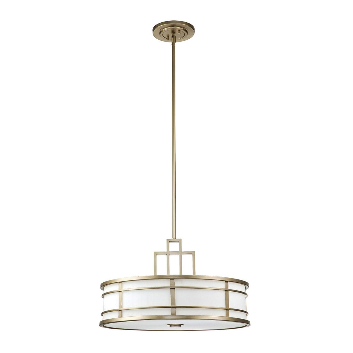 The Fusion 3 Light Large Chandelier in Painted Natural Brass showcases a sleek and contemporary design with its modern drum-shaped fixture. Suspended from a single rod, it features an opaque white shade encircled by horizontal natural brass rings, reminiscent of a sophisticated pendant light.