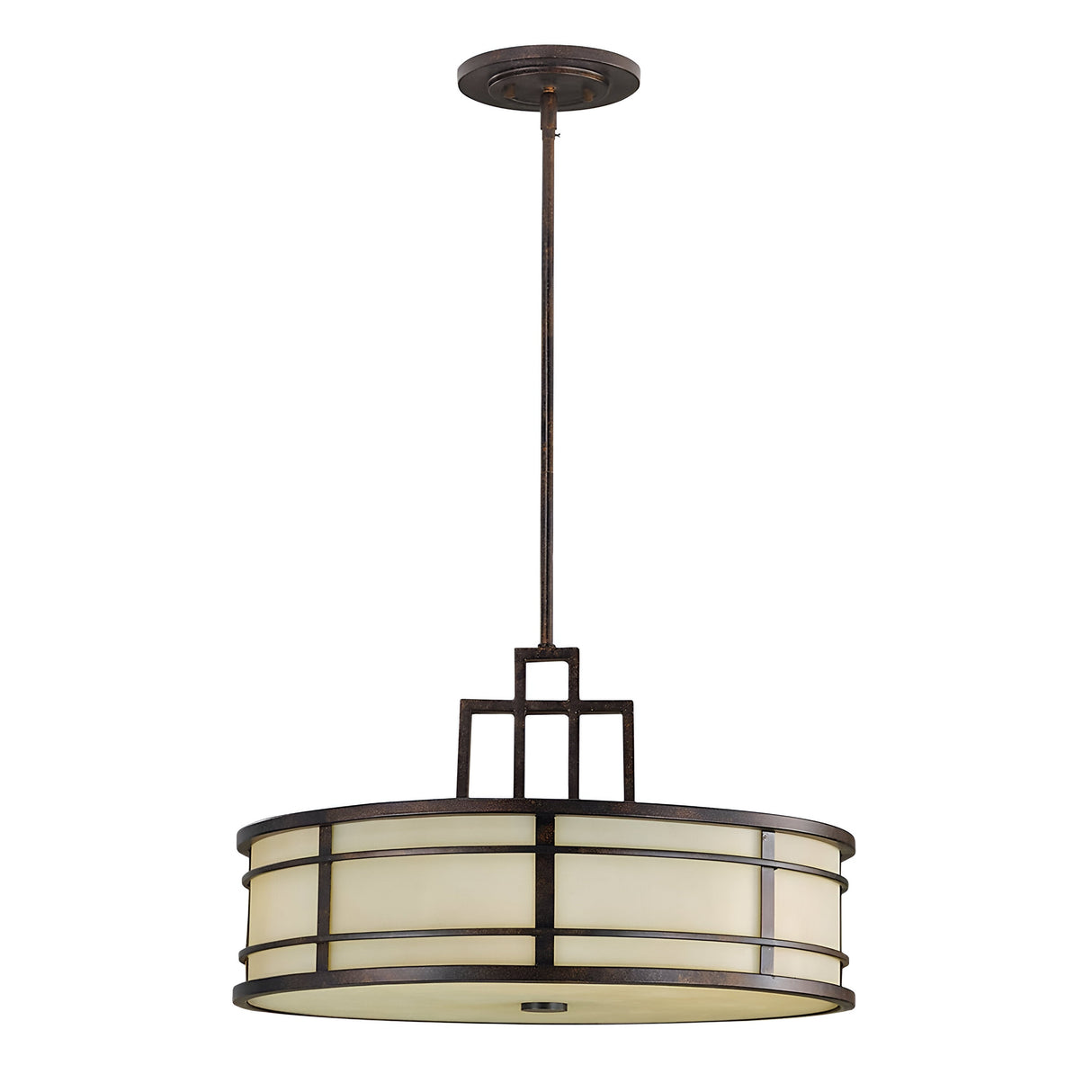 The Fusion 3 Light Chandelier - Grecian Bronze is a round, modern pendant light that hangs from the ceiling. It showcases a dark Grecian Bronze metal frame paired with a frosted, cream-colored glass shade and incorporates geometric design elements reminiscent of the Arts & Crafts movement.