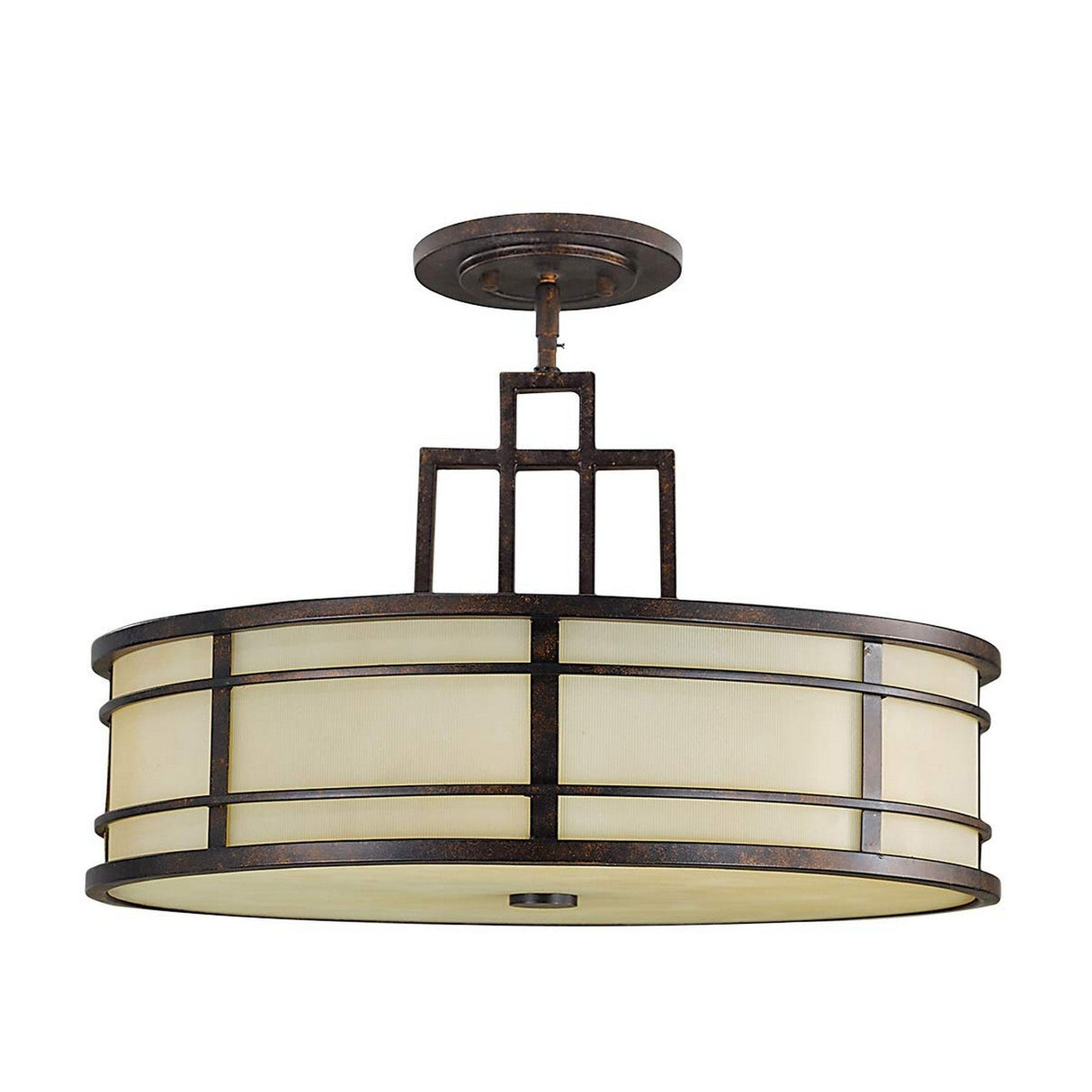 The Fusion 3 Light Chandelier in Grecian Bronze offers a vintage-style semi-flush design with a circular drum shape, reminiscent of the Arts & Crafts movement. It showcases a Grecian Bronze metal frame adorned with grid-like accents and includes a frosted glass diffuser, providing soft, warm light evocative of classic chandeliers.