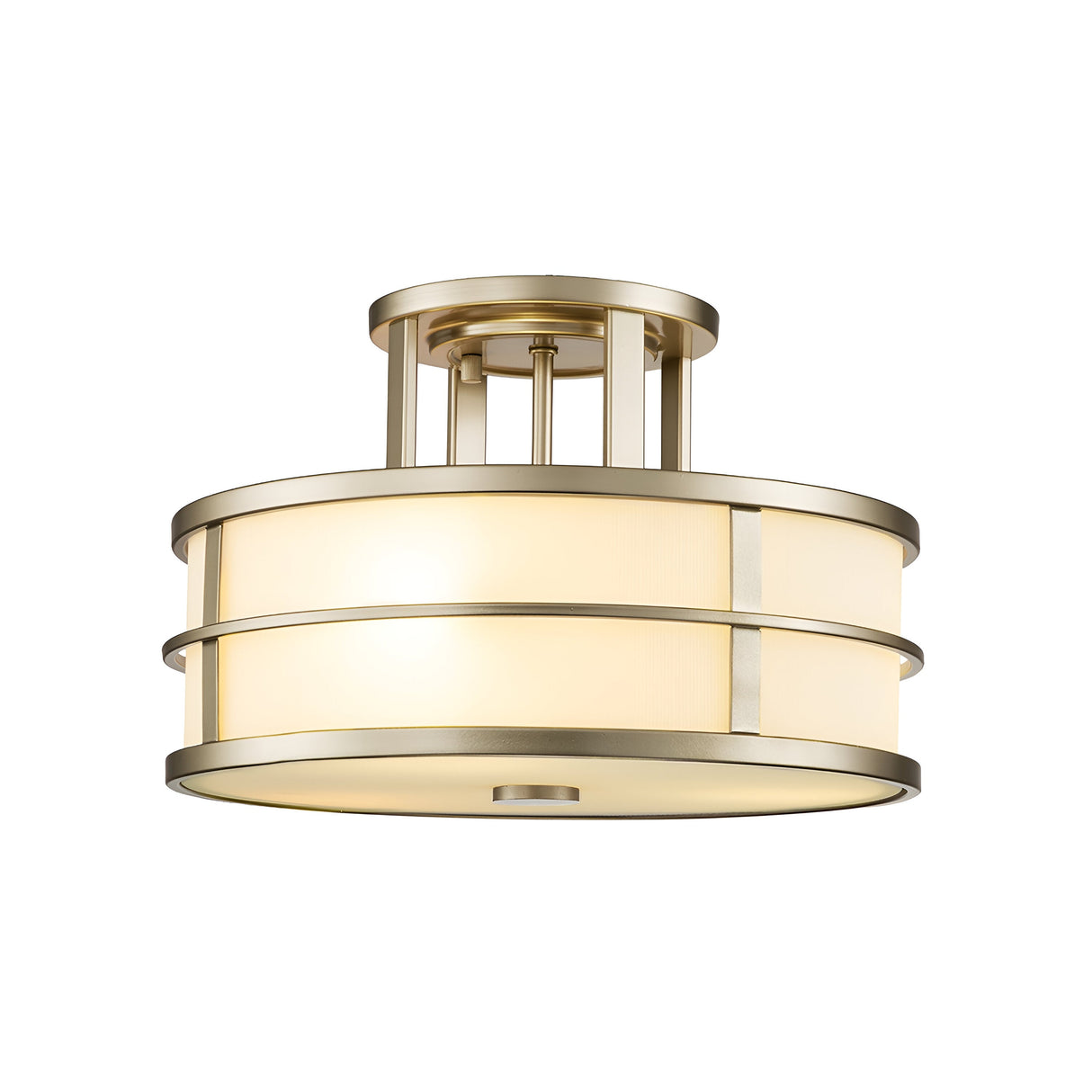 The Fusion 3 Light Semi Flush features a contemporary ceiling light design with a semi-flush mount. It has a circular, tiered structure finished in painted natural brass, complemented by frosted glass panels that offer a warm, diffused illumination.