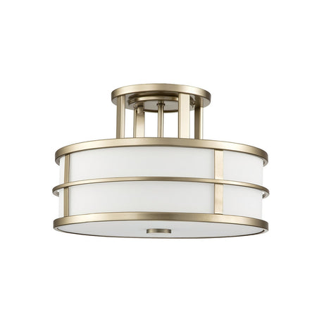 Introducing the Fusion 3 Light Semi Flush in Painted Natural Brass, a sophisticated ceiling light fixture that combines modern design with elegance. It showcases concentric metal rings and an amber ribbed glass shade, making it a chic and contemporary lighting solution.