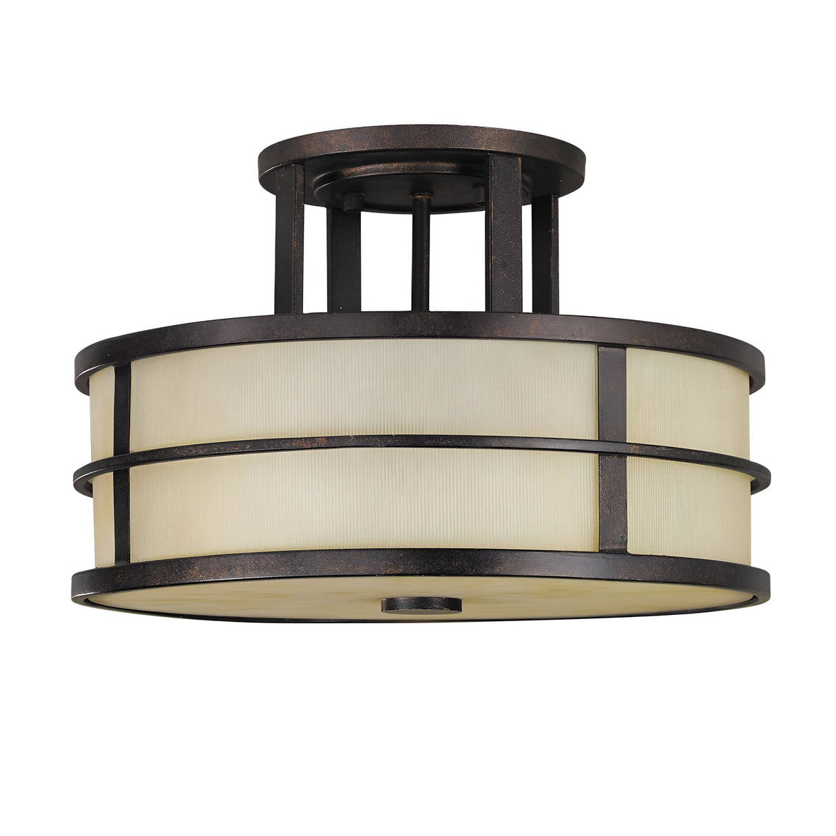 The Fusion 3 Light Semi Flush in Grecian Bronze features a round design with an amber ribbed glass shade. Its tiered structure, complemented by horizontal metal bands and vertical supports, provides a modern and elegant look.