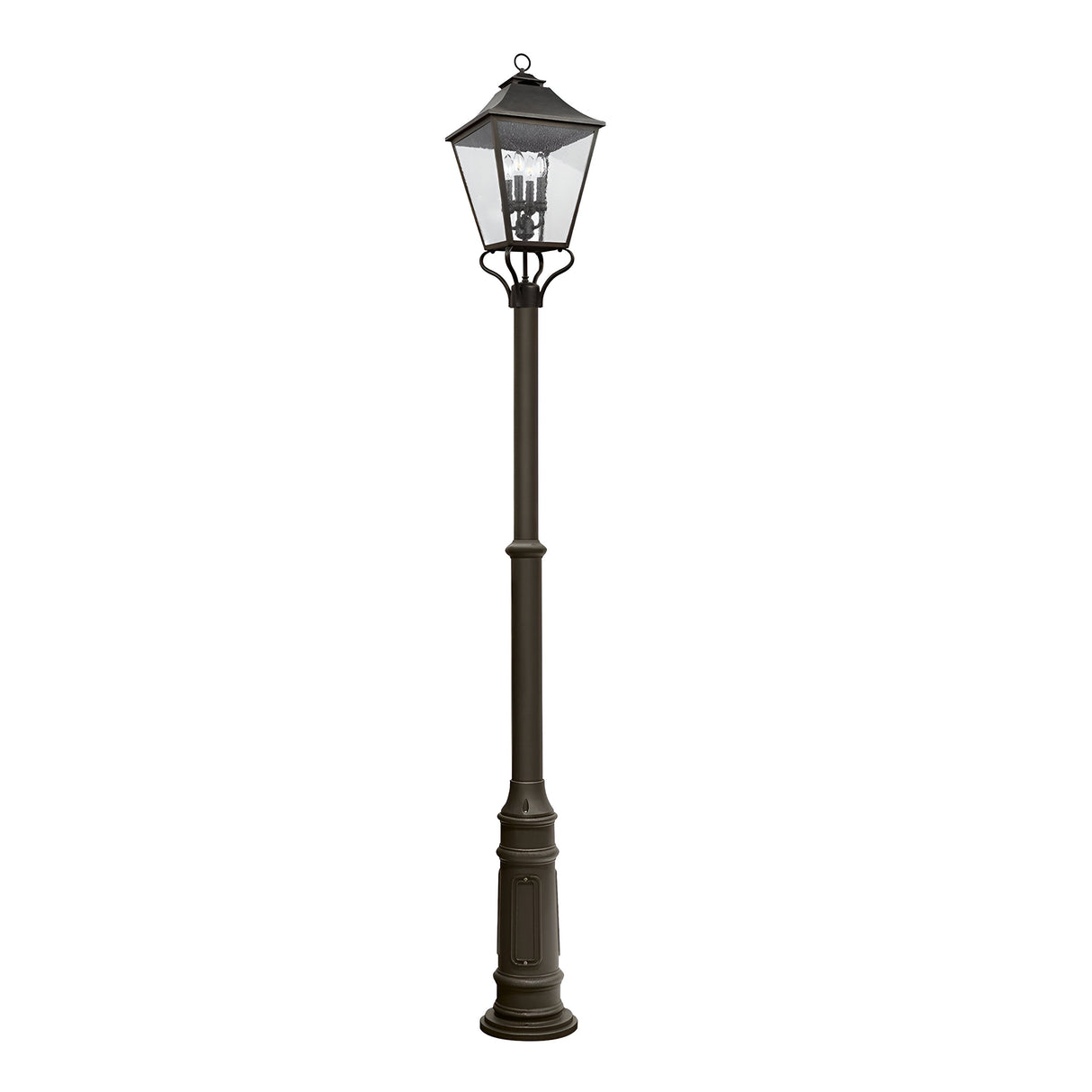 The Galena 4 Light Lamp Post - Grey is a traditional streetlamp featuring a tall pole and classic lantern-style top. It includes elegant seeded glass panels, adding charm and sophistication to outdoor lighting.