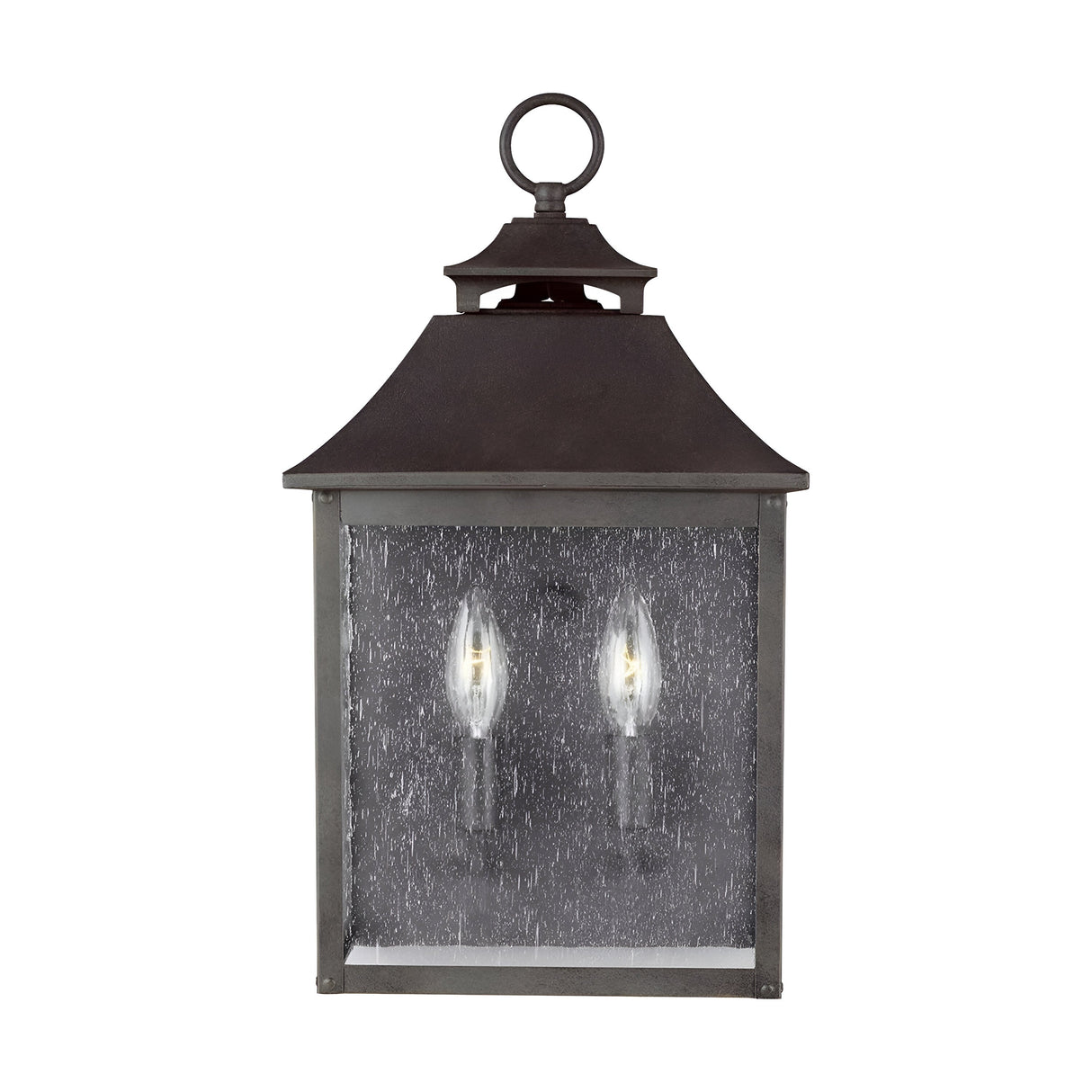 The Galena 2 Light Outdoor Half Lantern in Grey features a vintage-style design with a dark metal frame and clear glass pane. This outdoor half lantern accommodates two candle-like bulbs, offering classic elegance, and includes a loop at the top for convenient hanging—perfect for sophisticated exterior lighting.