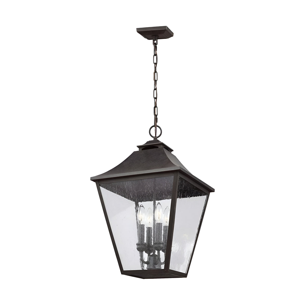 The Galena 4 Light Outdoor Chain Lantern in grey boasts a dark metal frame with a square, tapered design, featuring clear seeded glass panels and four candle-style light bulbs. Its classic, vintage appearance and IP44 weather resistance make it an ideal choice for enhancing your exterior decor with timeless charm.